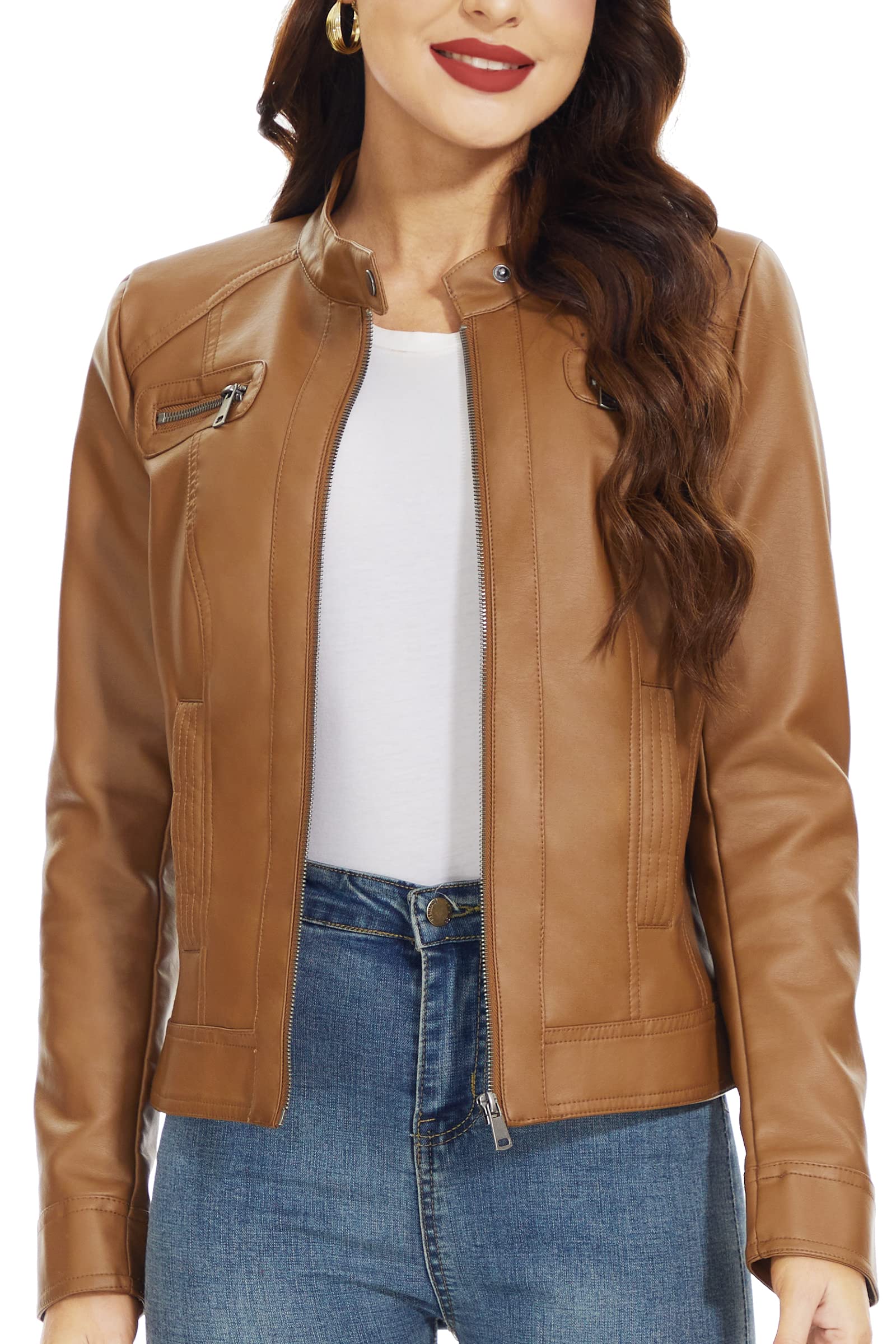 Fahsyee Womens Faux Leather Jackets, Zip Up Motorcycle Short Pu Moto Biker Outwear Fitted Slim Coat Size Xxl Camel