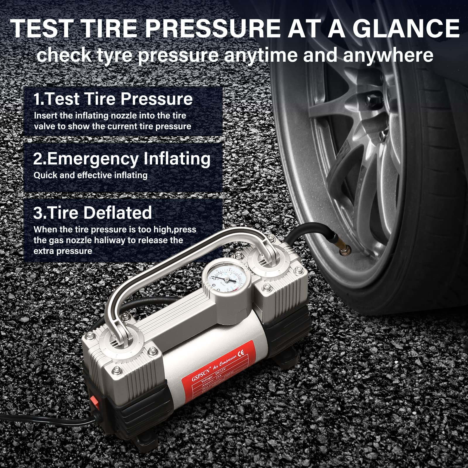 Gspscn Silver Tire Inflator Heavy Duty Double Cylinders With Portable Bag- Car Accessories?Metal 12V Air Compressor Pump 150Psi