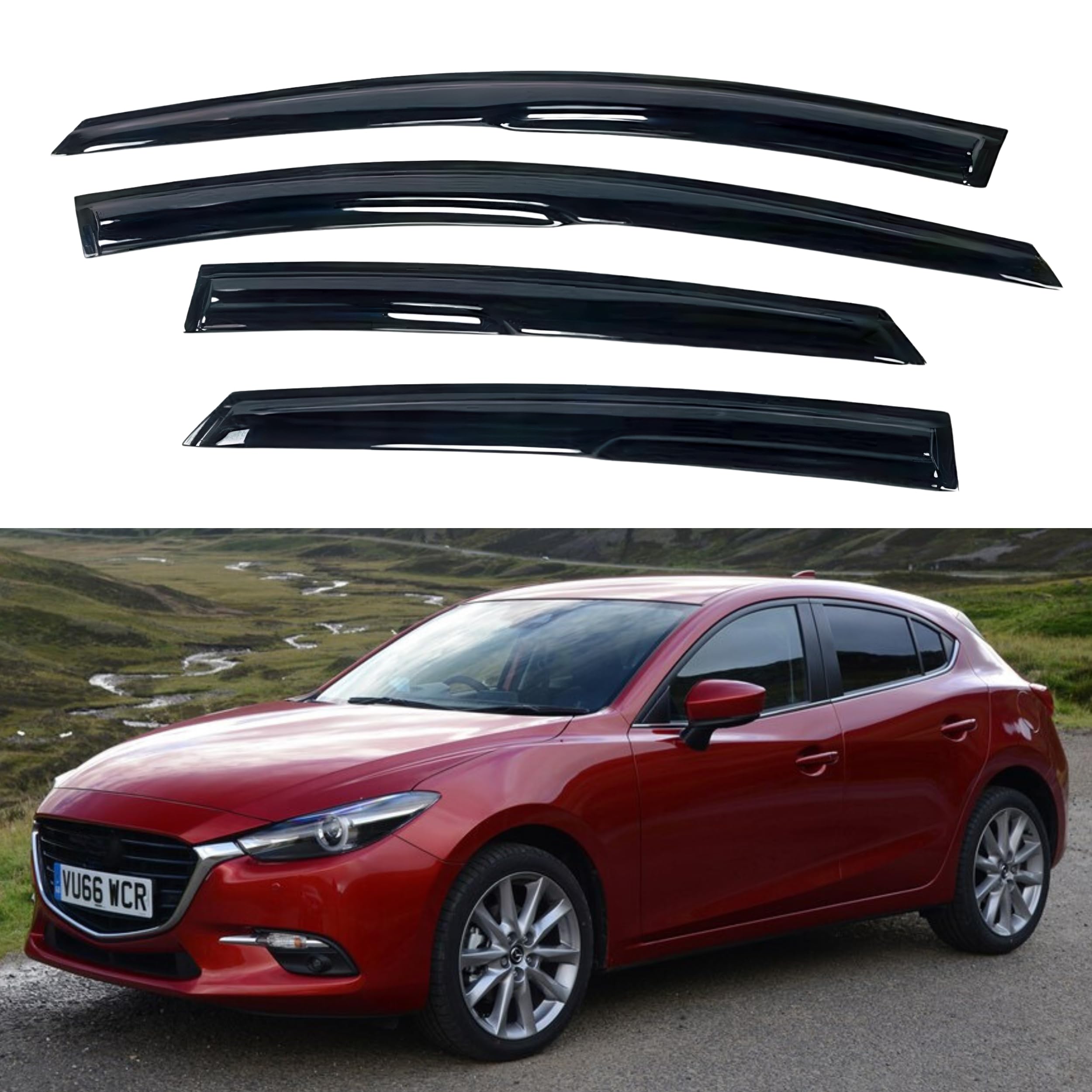 Ig Window Visor For Mazda 3 Hatchback 2010-2013, Rain Guard Tape-On Extra Durable Sun Wind Side Vent Window Deflector Mugen Styl