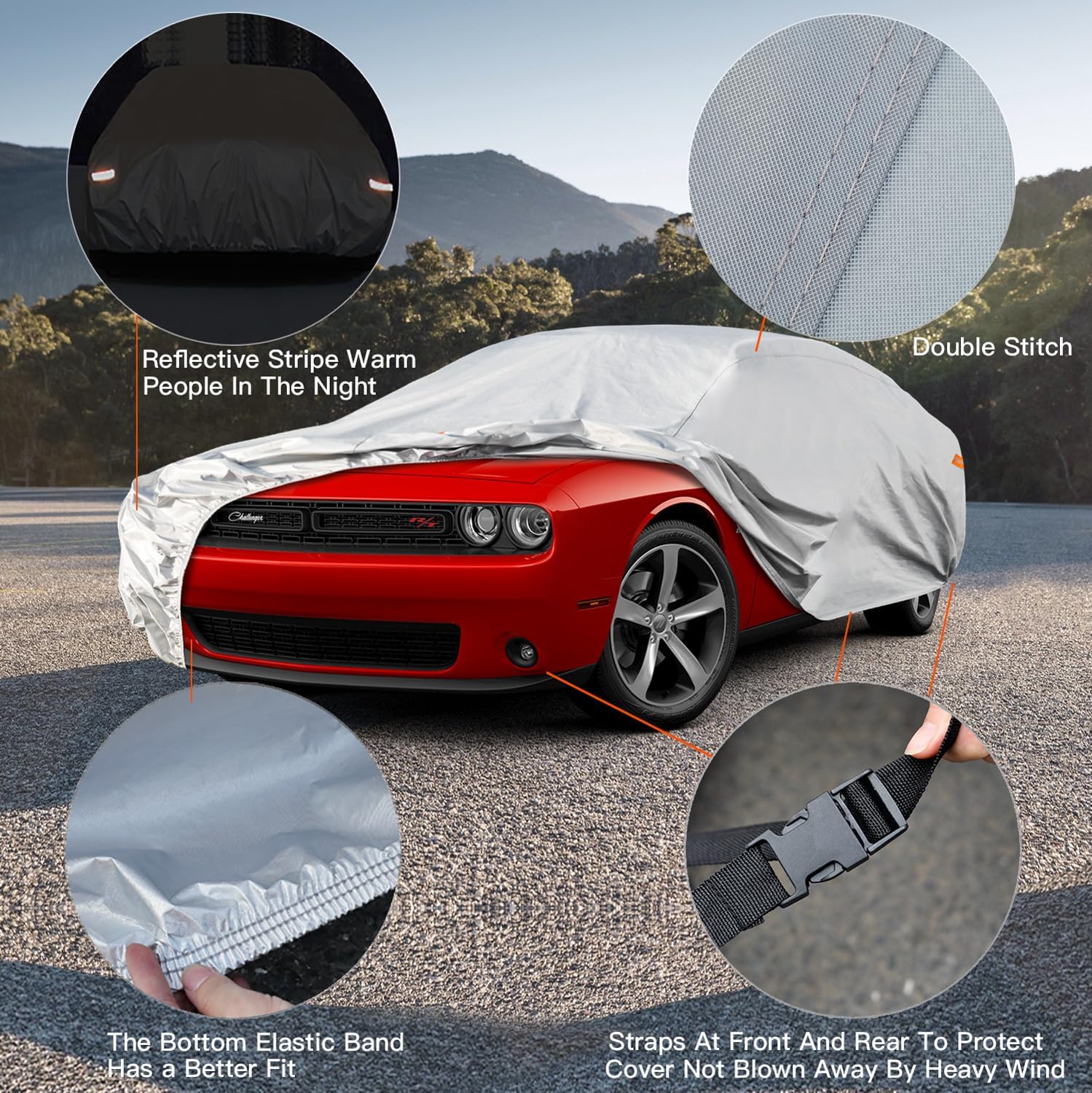 Kayme 6 Layers Car Cover Waterproof All Weather For Automobiles, Outdoor Full Cover Universal Fit For Dodge Challenger Hellcat D