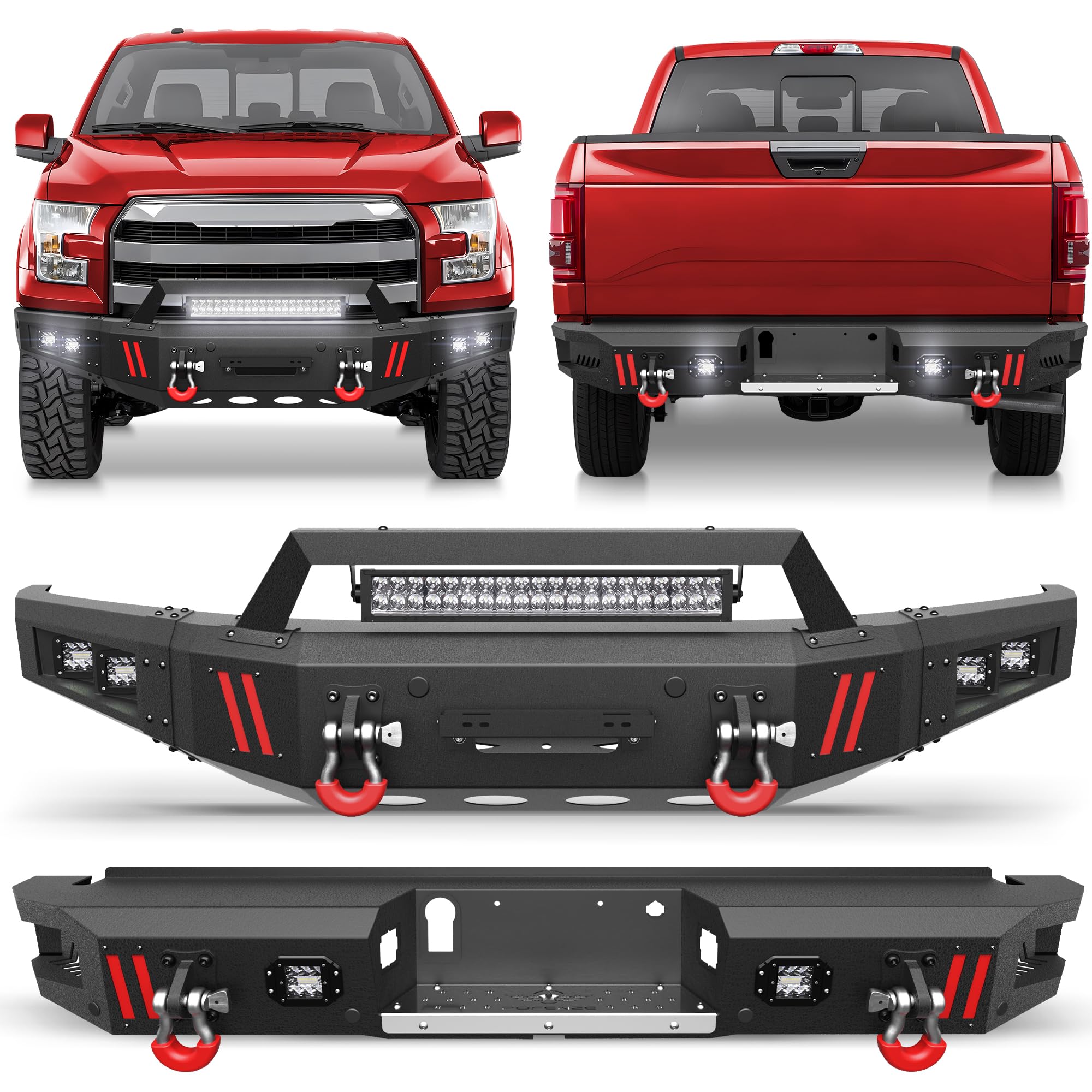 Longsun Front & Rear Bumpers Fit 2015-2017 Ford F150, Full Width Front Bumper & Rear Bumper Combo For F-150 (Excluding Raptor & Ecoboost) Off Road Pickup Truck, With Winch Plate, D-Rings, Led Lights