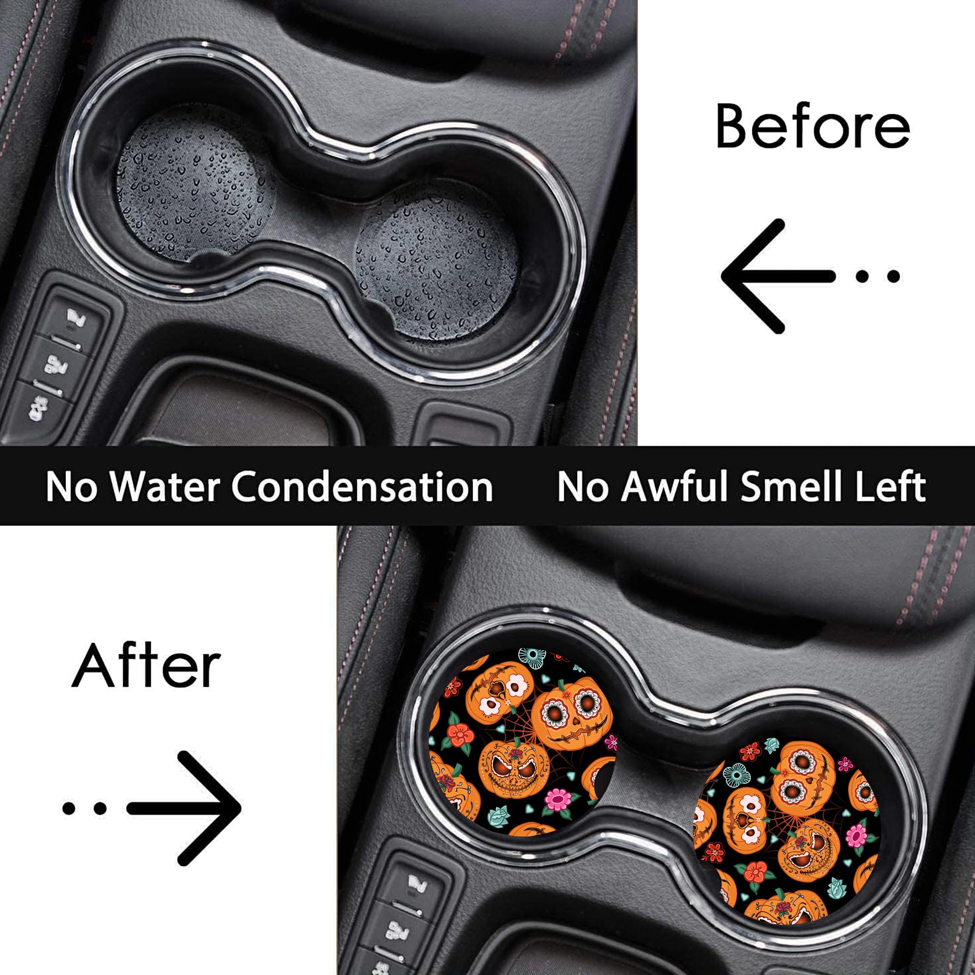 Halloween Spider Web Pumpkin Car Coasters For Cup Holders, Car Accessories, 2 Pack Absorbent Ceramic Car Cup Holder Coasters For