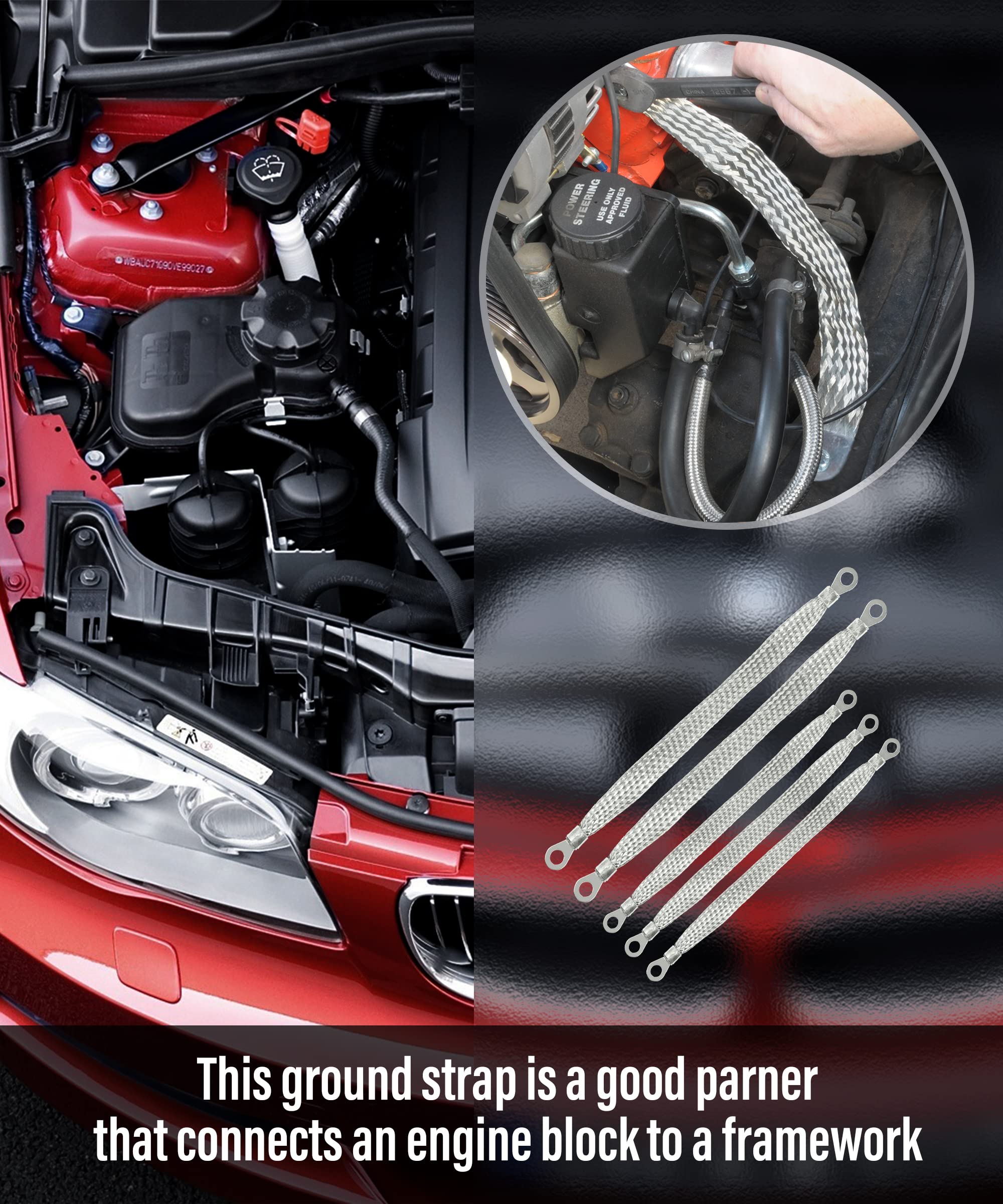 Zlirfy Automotive Ground Strap Kit,Universal Flat Braided Copper Ground Strap,3Pcs 10'' X 1/2'' And 2Pcs 13'' X 1/2'' Car Ground