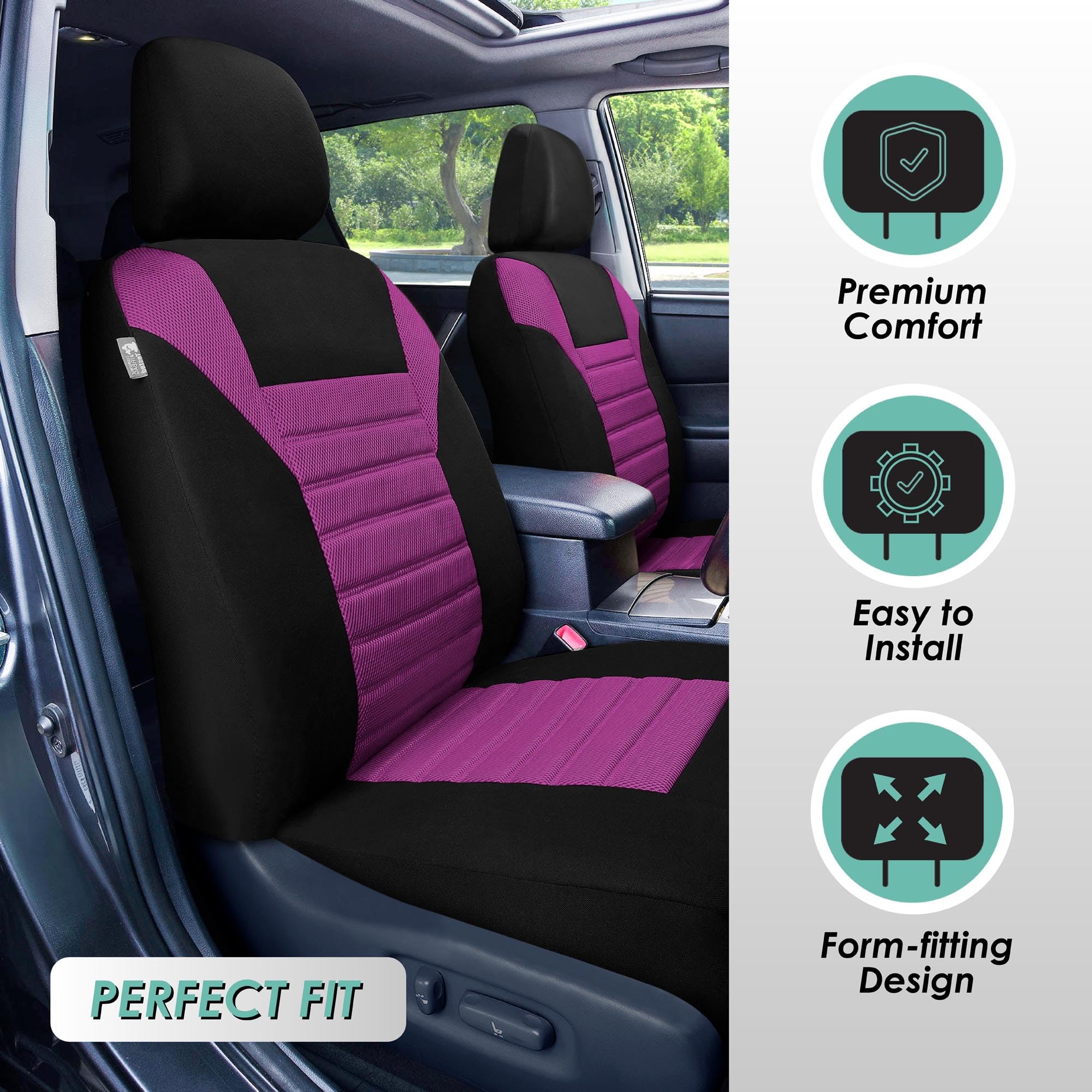 Fh Group Automotive Car Seat Covers Full Set Premium 3D Air Mesh Purple And Black Seat Covers, Airbag Compatible And Split Bench