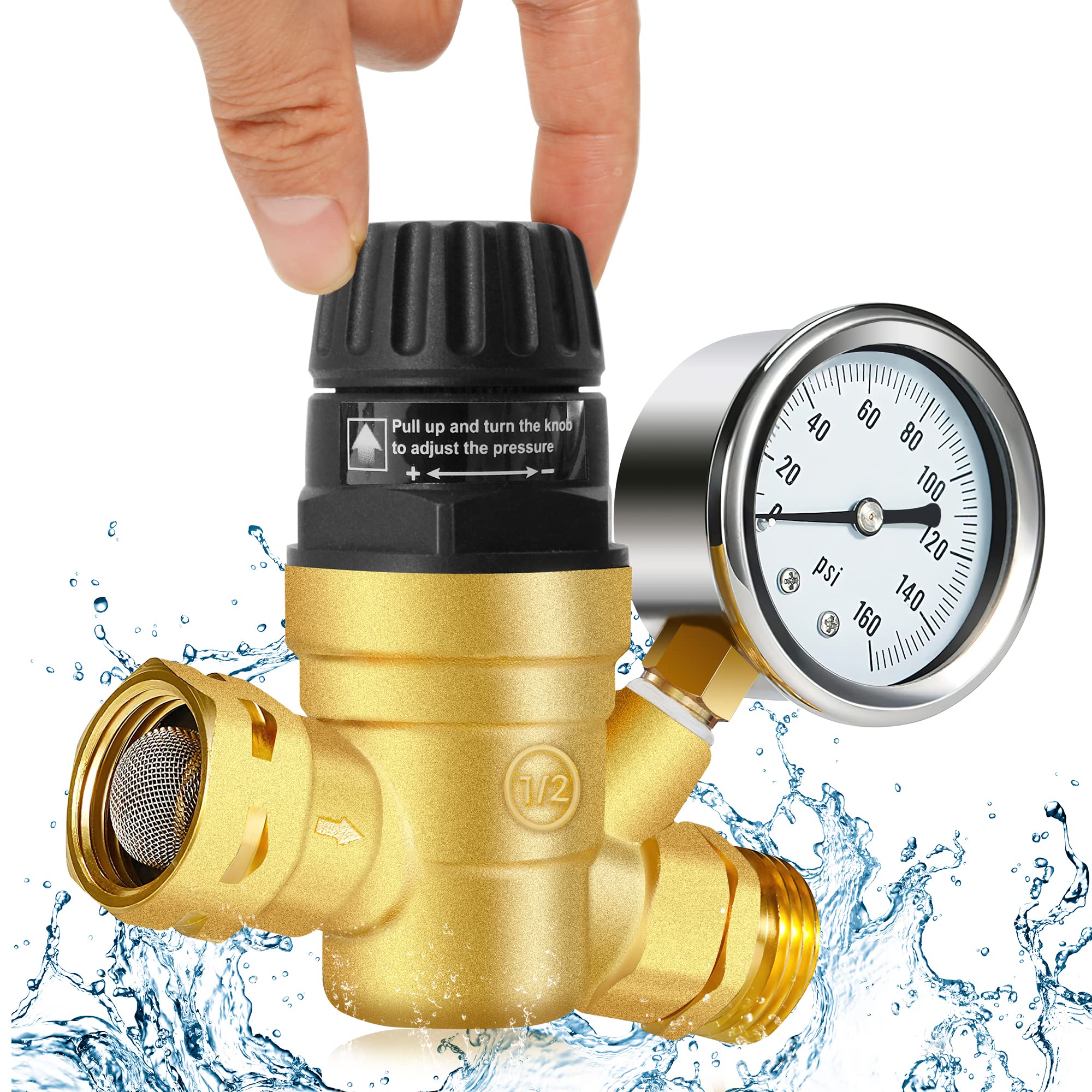 Boltigen Handle Adjustable Rv Water Pressure Regulator With Gauge, 3/4’’ Ght 160Psi Lead-Free Brass Rv Pressure Reducing Valve With 4 Inlet Screened Filters For Rv Camper, Travel Trailer, Garden Hose
