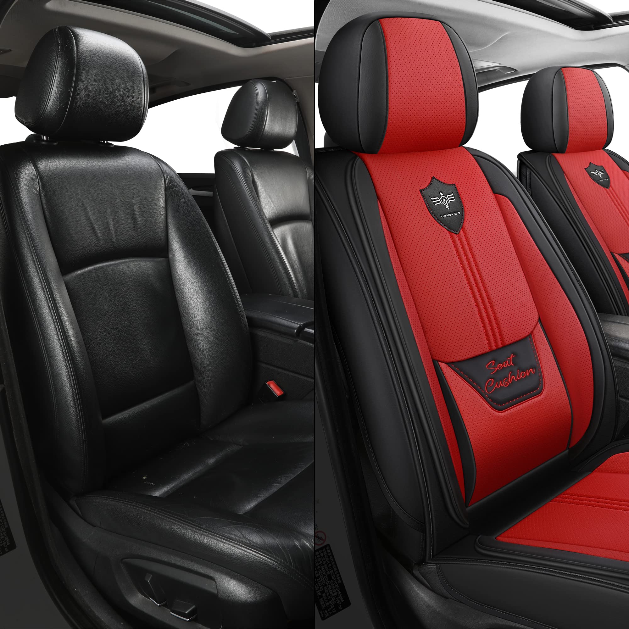 LINGVIDO Leather Car Seat Covers, Breathable Automotive Cover Cushion Accessories for Cars & SUV Truck Universal Fit Set(Black &