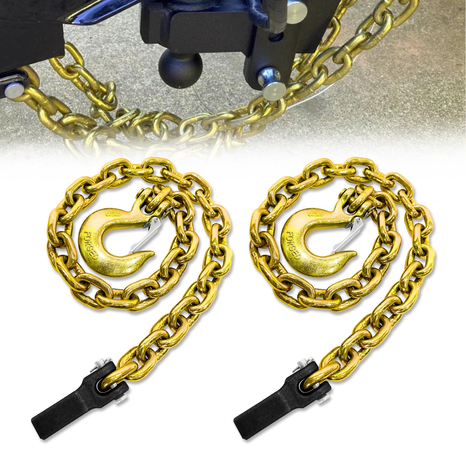 Fithoist G80 Trailer Safety Tow Chain - 39 In, 3/8 In Clevis Snap Hook & Retainer, 2-Pack Hd, 25,000 Lbs Wll