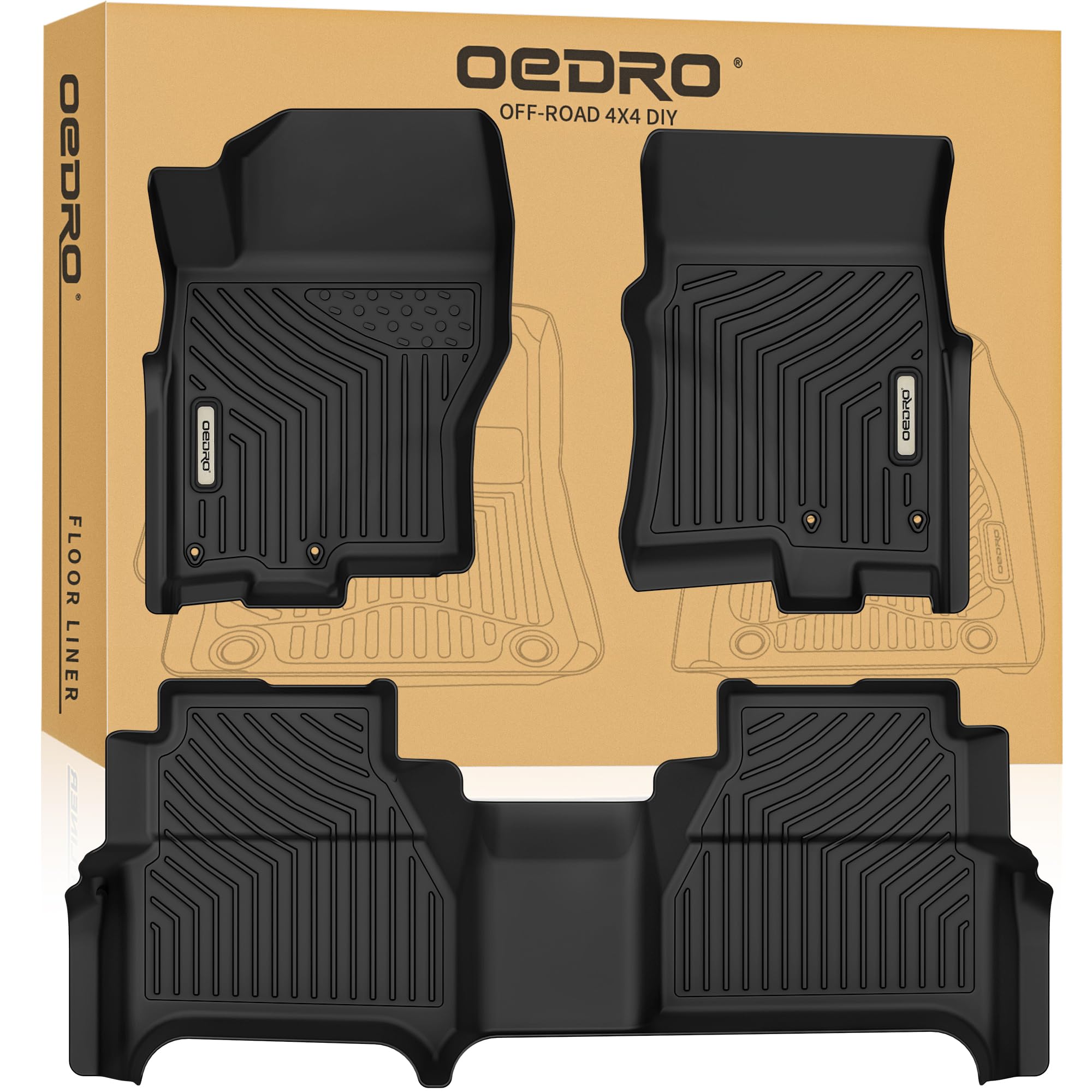 Oedro Floor Mats 2 Row Liner Set Compatible With 2022-2025 Nissan Frontier Crew Cab W/ 2Nd Row Under-Seat Storage, Black Tpe All