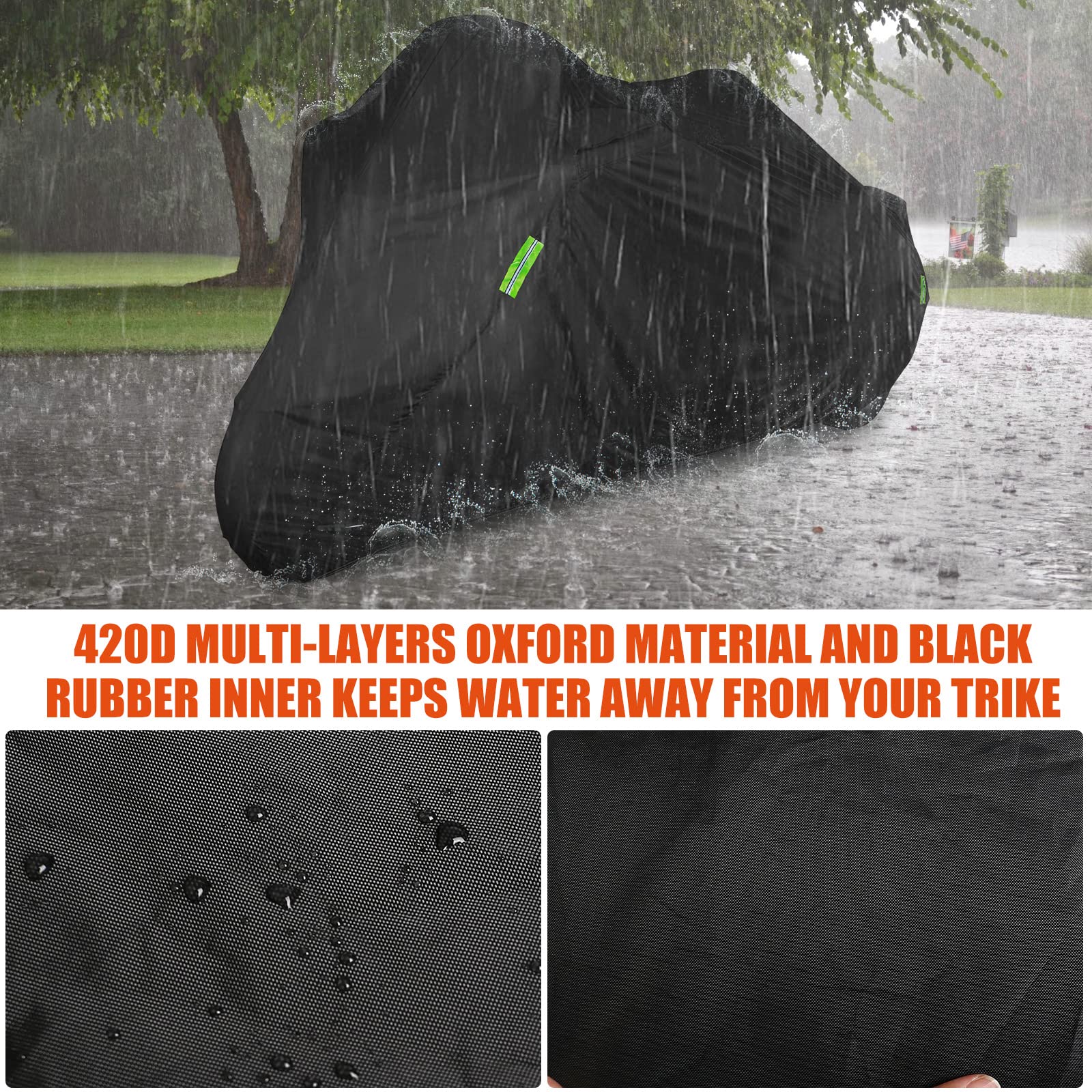 Waterproof Trike Cover Replace For Harley-Davidson And Honda Trike, 420D Oxford Cloth Heavy Duty Trike Cover With Reflective Str