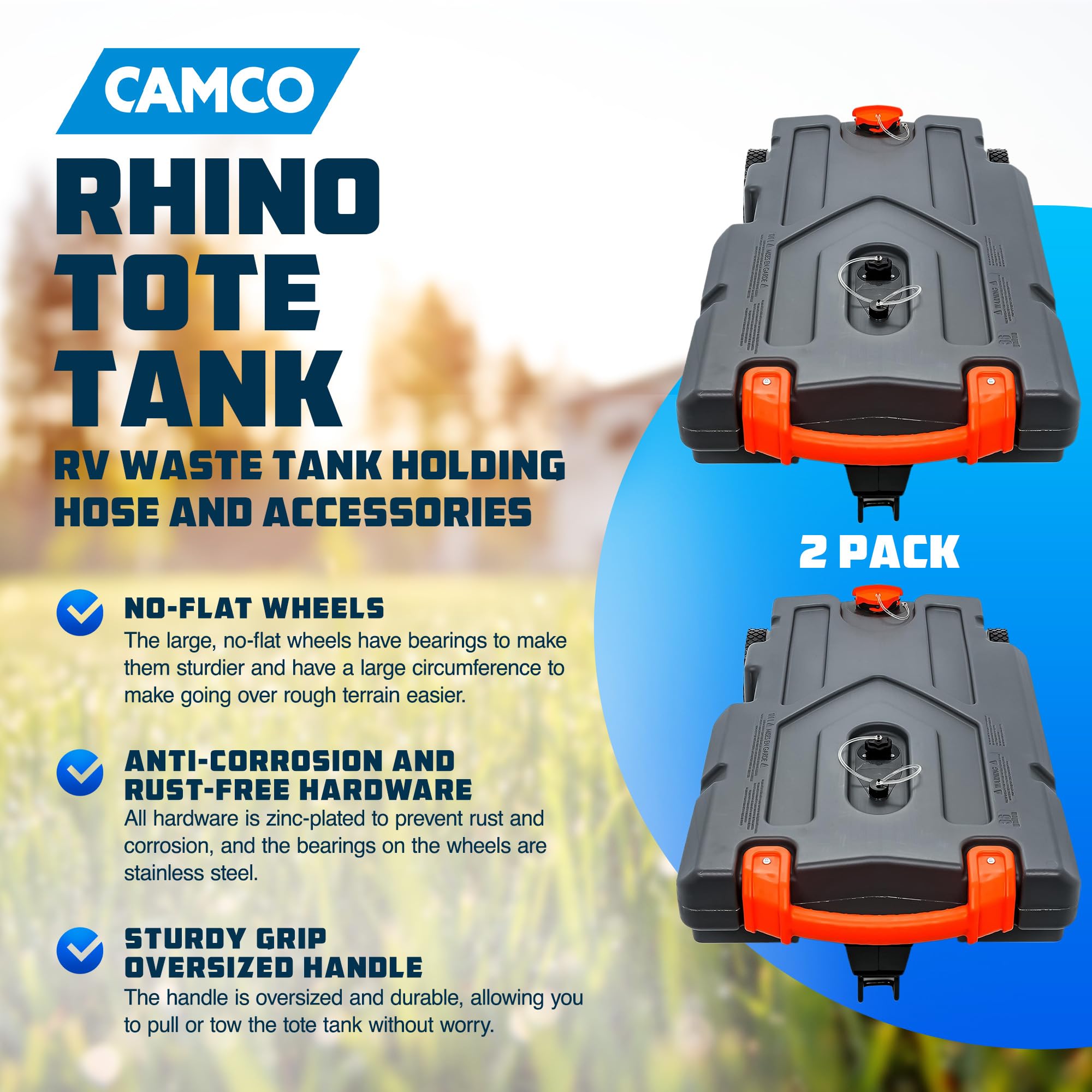 Camco 36 Gal Heavy Duty Rhino Portable Rv Waste Tank With Wheels, Sewer Hose, Steel Tow Adapter, And Accessories, Gray (2 Pack)