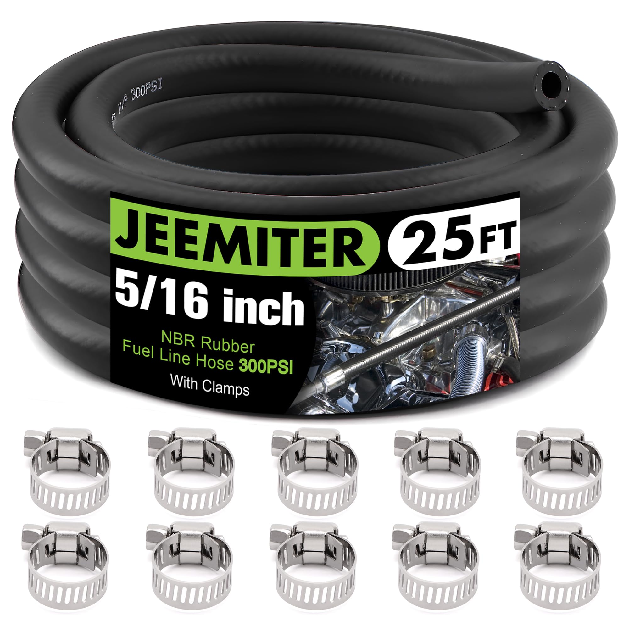 Jeemiter 5/16 ID Fuel Line Hose Kit - 25FT Professional Grade NBR Rubber with 10 Clamps - SAE 30R7 Replacement for Gas, Oil, Die