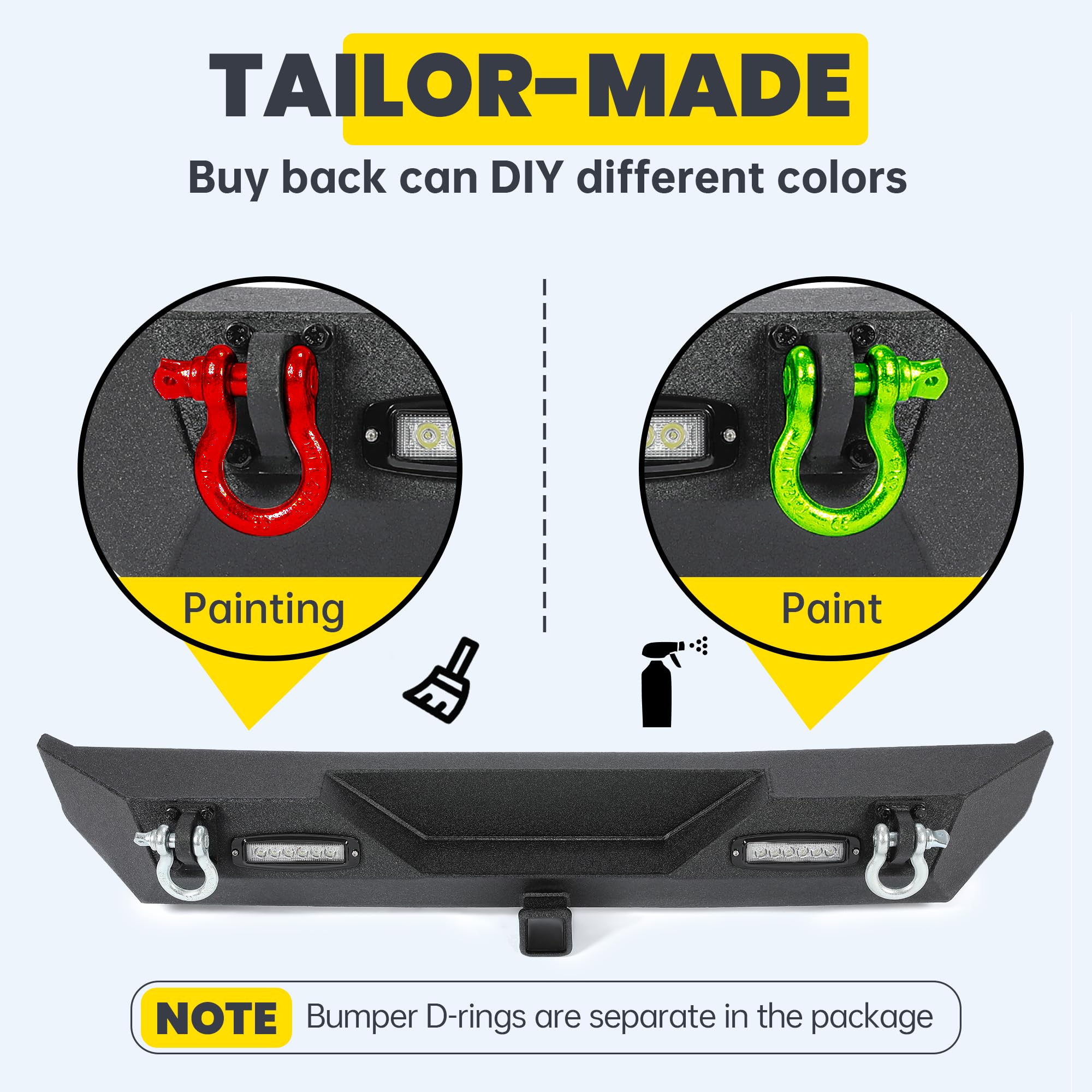 Kuafu Rear Bumper Compatible With 1987-2006 Jeep Wrangler Tj Yj With Led Lights 2 Hitch Receiver D-Rings Off-Road Style Black Texture