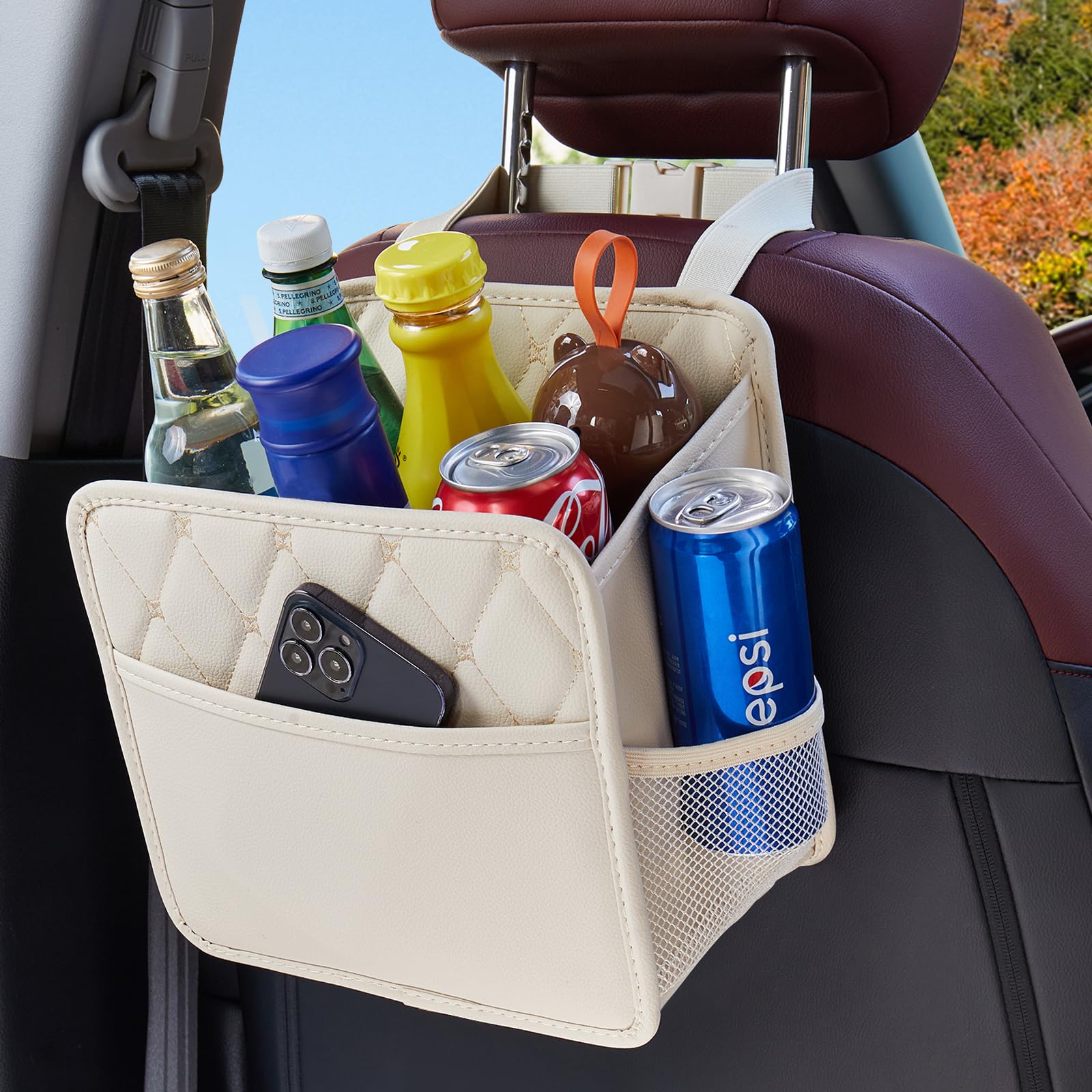 Lxunyi Universal Multifunctional Large Hanging Car Organizer - Beige, Foldable, Leather With Cup Holders, Back Seat Storage Bag