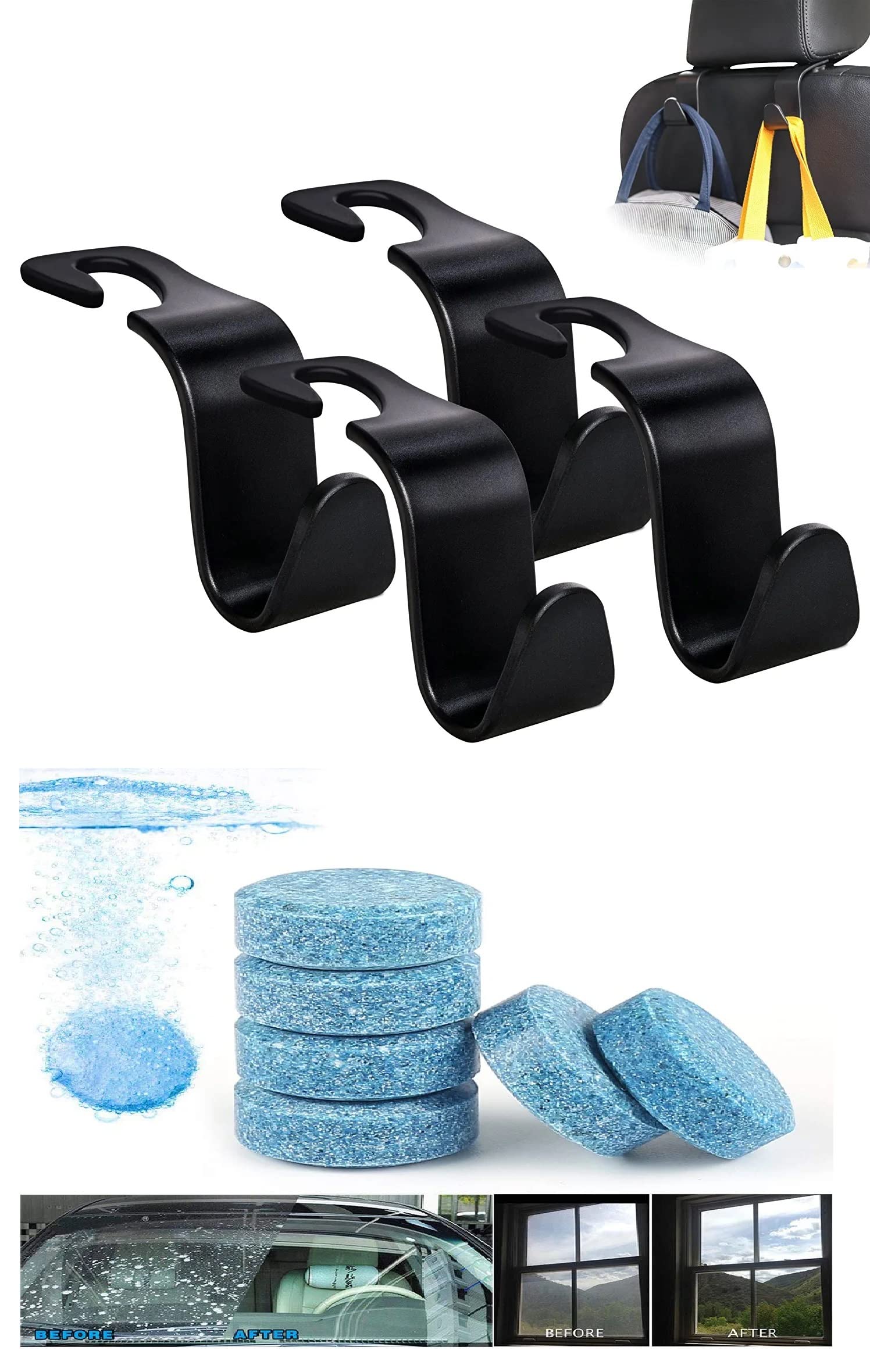 4 pcs Car Backseat Head Rest Organizer Hook Hanger for Coats Handbags Wallets, Shopping Bags & 5Pcs Car Windshield Glass Wiper C