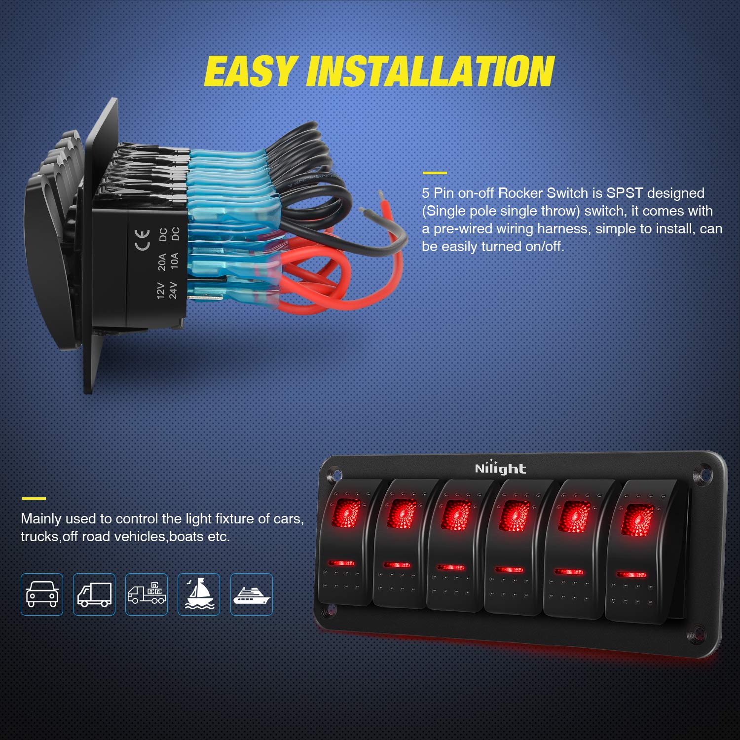 Nilight 6 Gang Rocker Switch Panel 5Pin On Off Toggle Switch Aluminum Holder 12V 24V Dash Pre-Wired Red Backlit Switches For Aut
