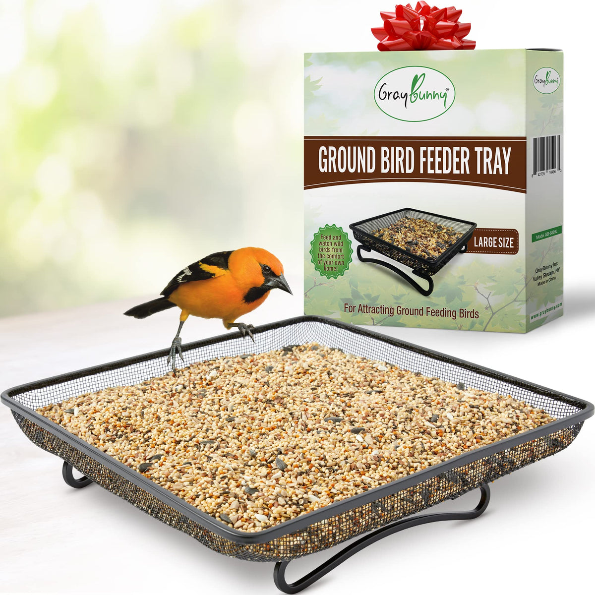 Gray Bunny Ground Bird Feeder Tray, Metal Platform Bird Feeder Large Dish Size 11 X 11 Inches, Durable Rust Resistant Feeder For