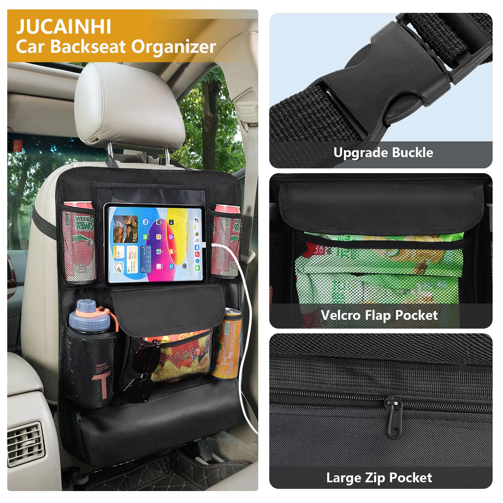 JUCAINHI Car Seat Organizer with 13 in Tablet Holder, Waterproof Back Seat Protector, Kick Mats with 9 Storage Pockets, Interior