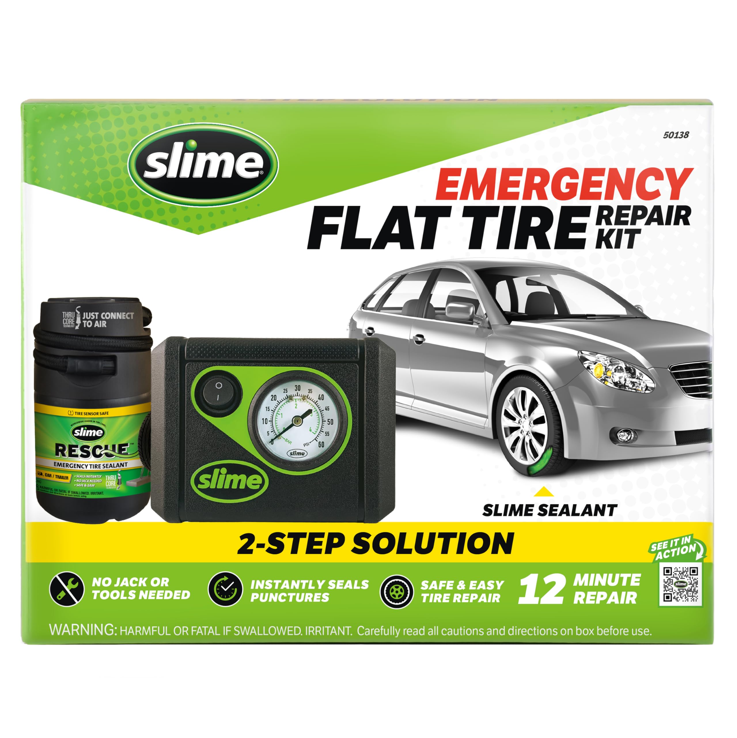 Slime 50138 Flat Tire Puncture Repair, Smart Spair Plus, Emergency Kit For Car Tires, Includes Sealant And Tire Inflator Pump, S