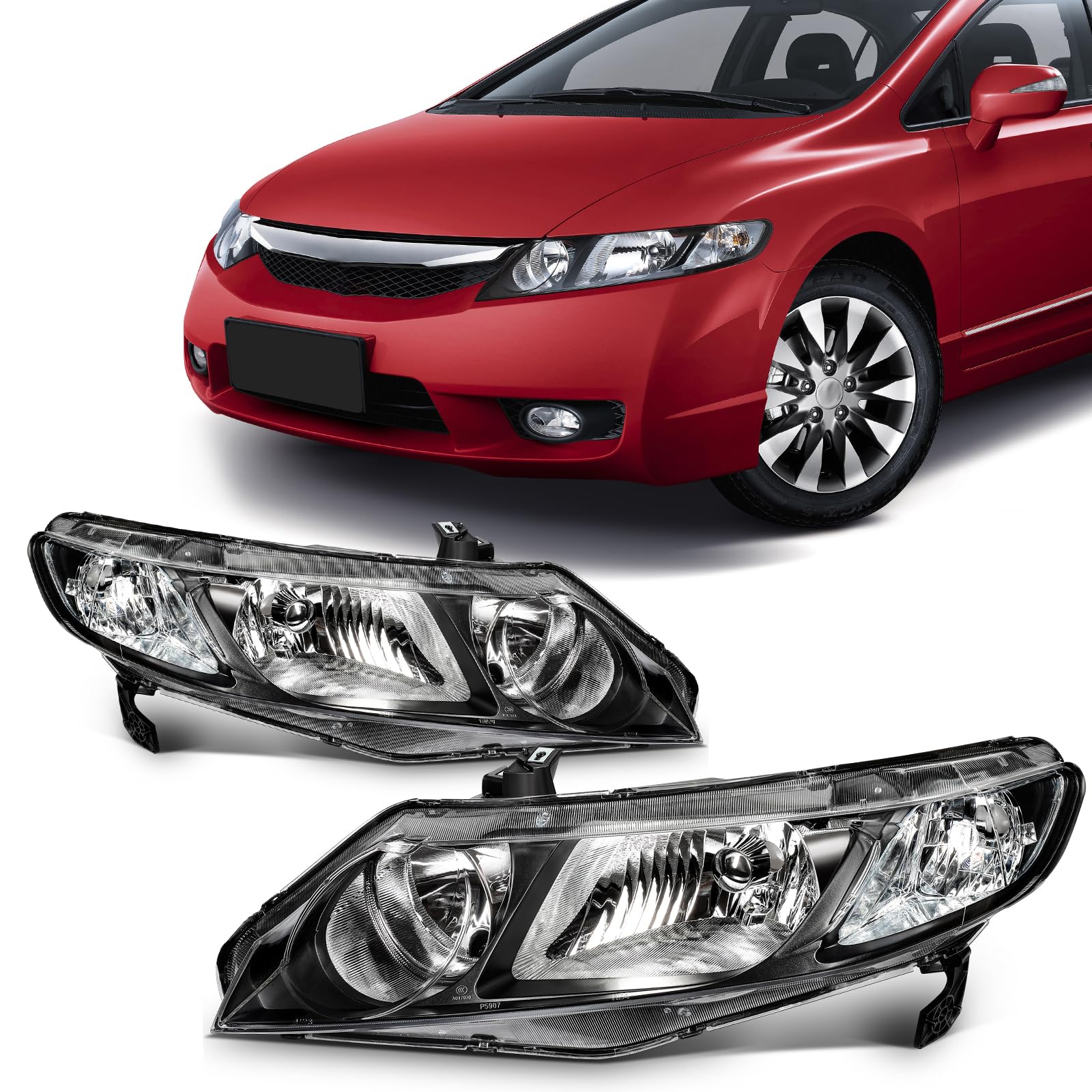 SCITOO Pair Headlight Assembly Fit with 2006-2011 for Honda Civic 4-Door Sedan Headlight Black Housing Clear Corner 33151SNAA02 