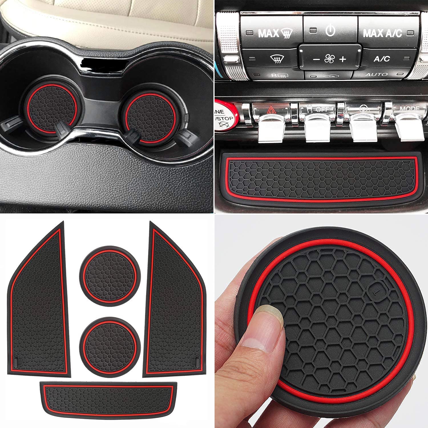 Auprite Non-Slip Mats For Mustang Accessories 2015-2023, Custom Fits Cup Holder Liners Mats Door Pocket Center Console Liners,5P