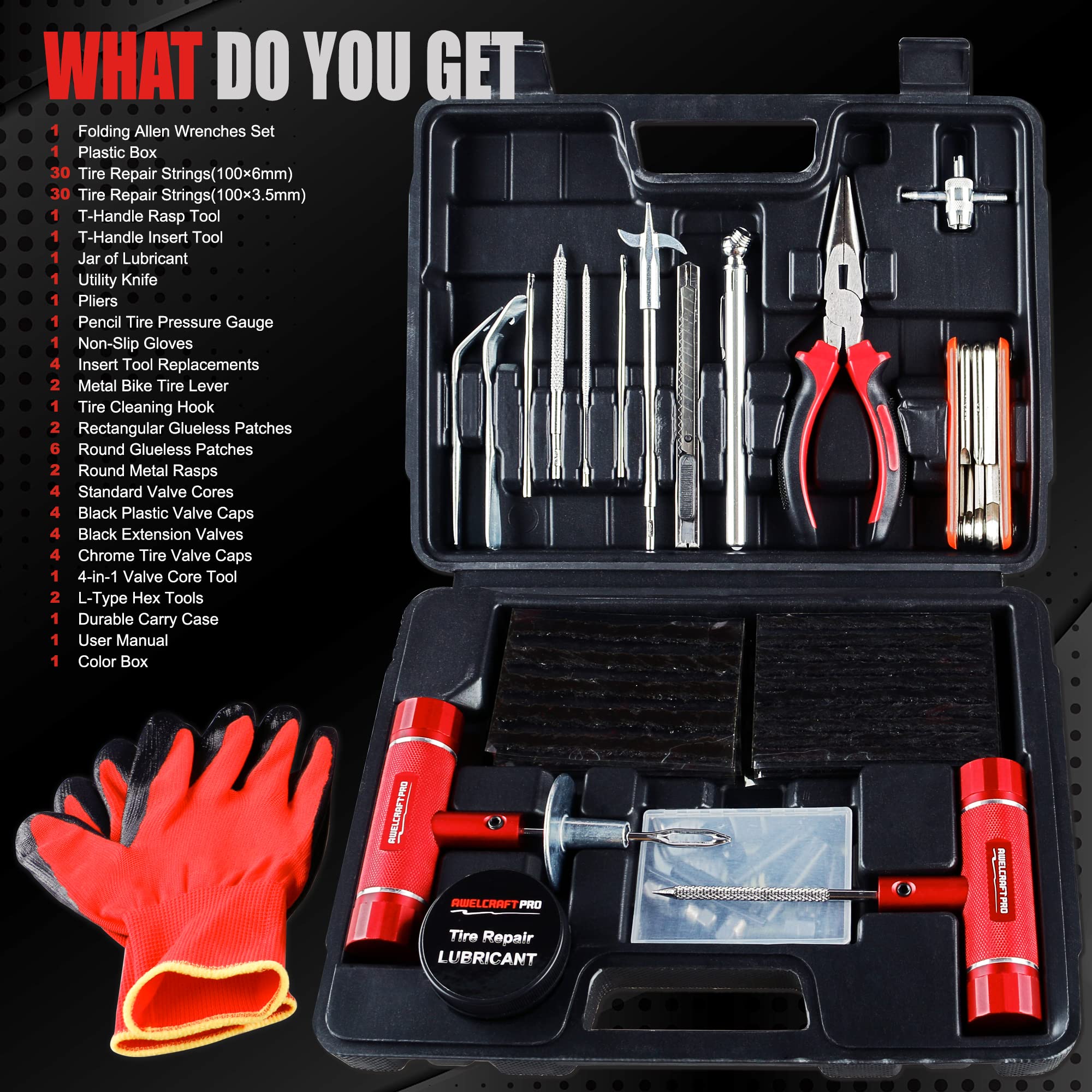 Awelcraft Heavy Duty Tire Repair Tools Kit - 108 Pcs Set Truck Tool Box For Motorcycle, Car, Atv, Jeep, Truck, Tractor Flat Tire