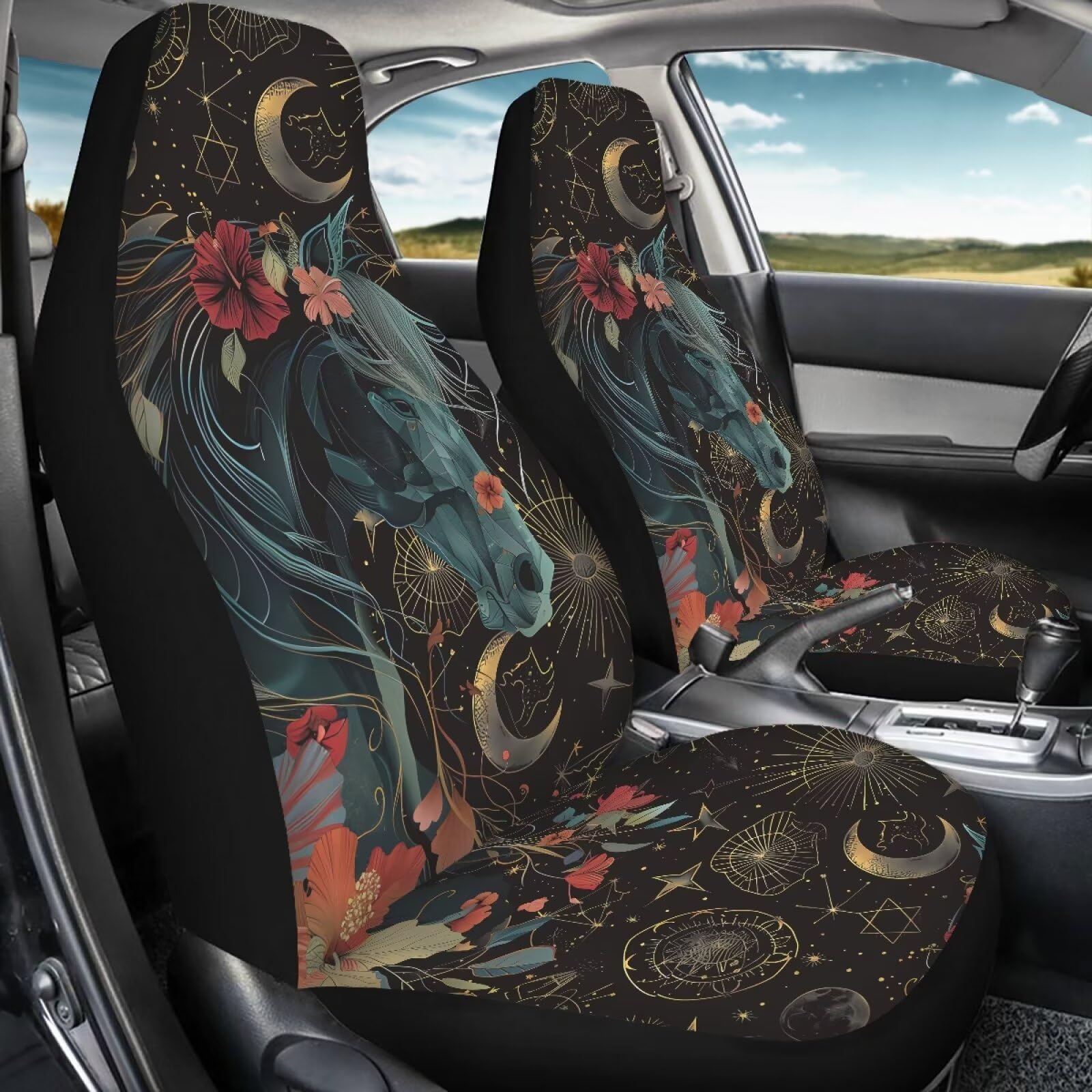 Talayituse Horse Hibiscus Print Car Front Seat Cover, Moon Star Design 2 Pack Stretchy Car Seat Cover Soft Bucket Vehicle Seat P