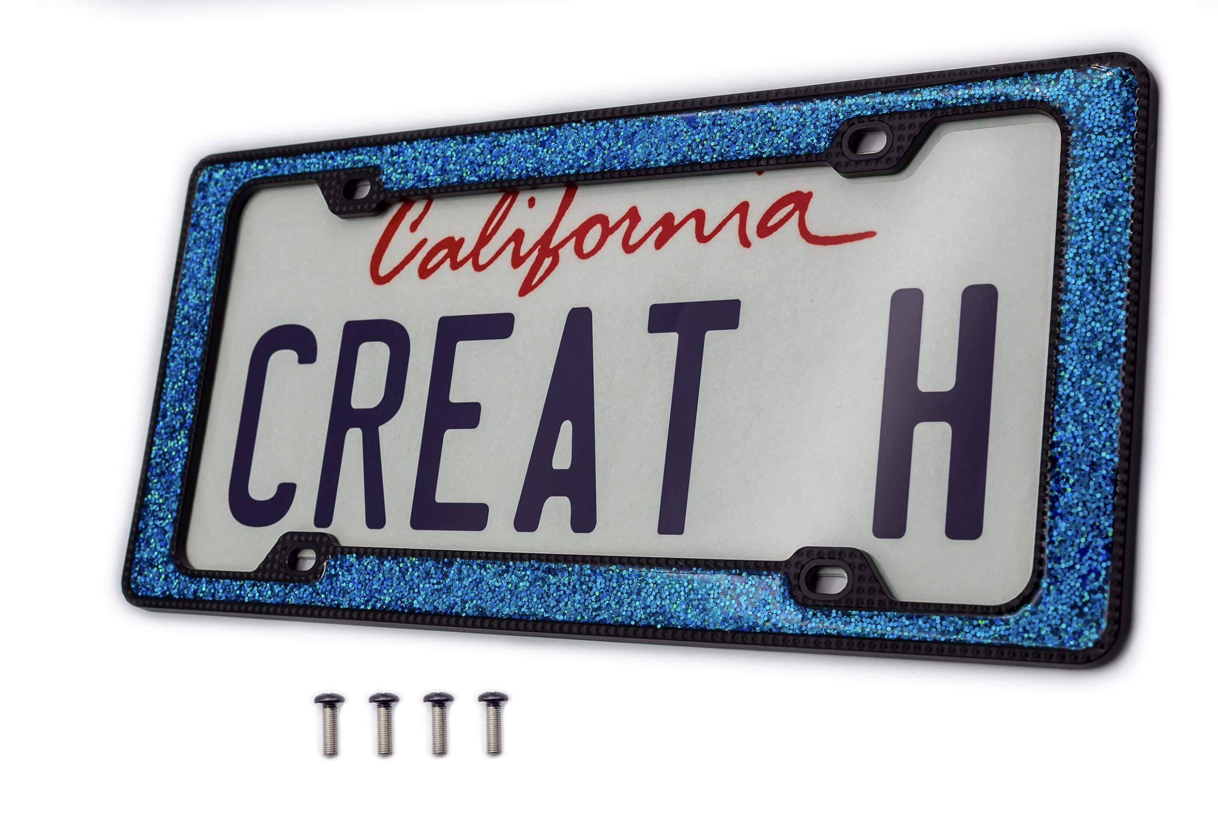 Creathome 3D Shining And Neon License Plate Frame From Pure Zinc Alloy Metal Perfect Plate Holder, Matt Black With Blue Glitter