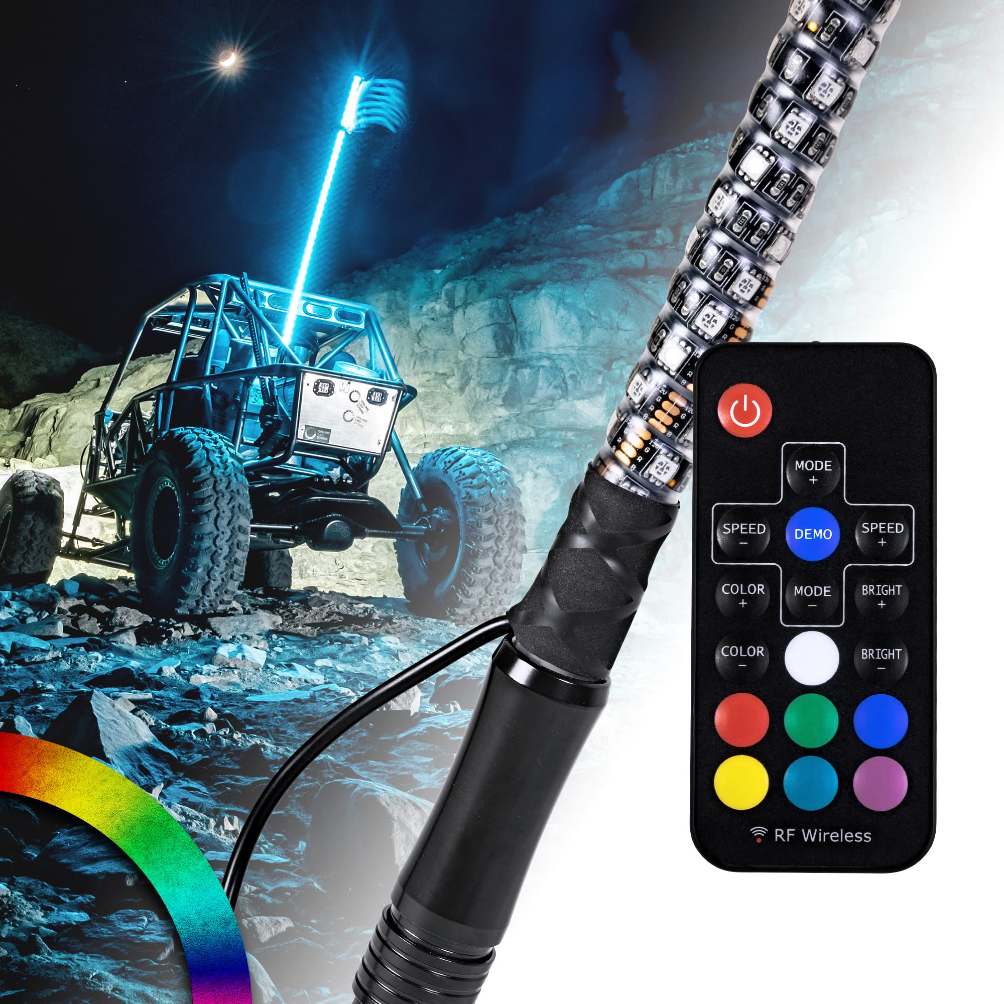 True Mods 2Ft Spiral Rgb Led Whip Light For Utv Atv [Rf Wireless Remote] Usa Flag Waterproof Led Lighted Whip Cb Antenna Pole St