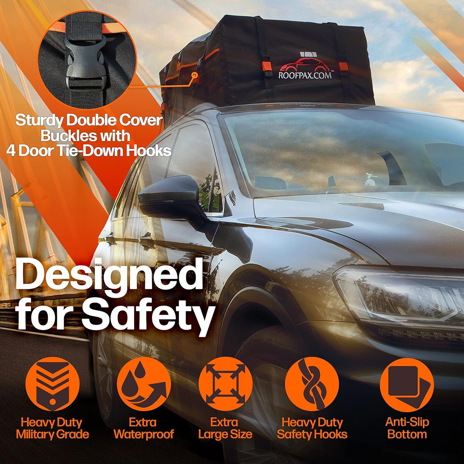 RoofPax XXL 28 cuft Car Rooftop Cargo Carrier Bag Extra Waterproof Car Roof Storage with 10 Heavy Duty Tie Down Straps and 4 Hoo
