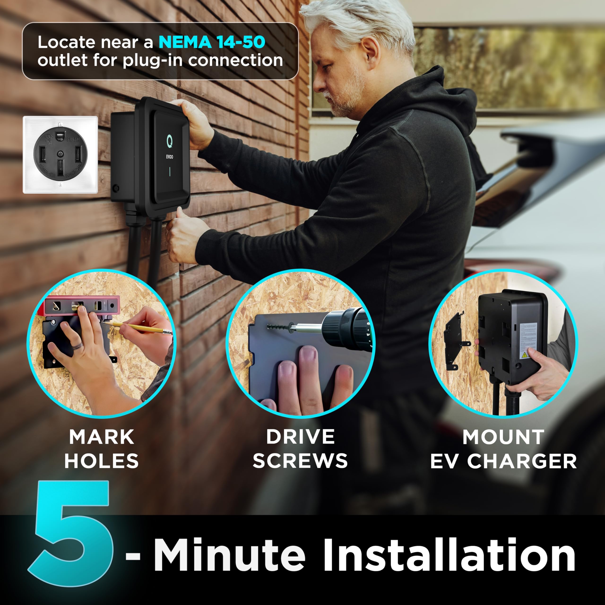 EVIQO Level 2 EV Charger - 48 Amp Electric Car Charging Station, 240V NEMA 14-50 Plug, Model EVIPOWER, Energy Star/UL Certified