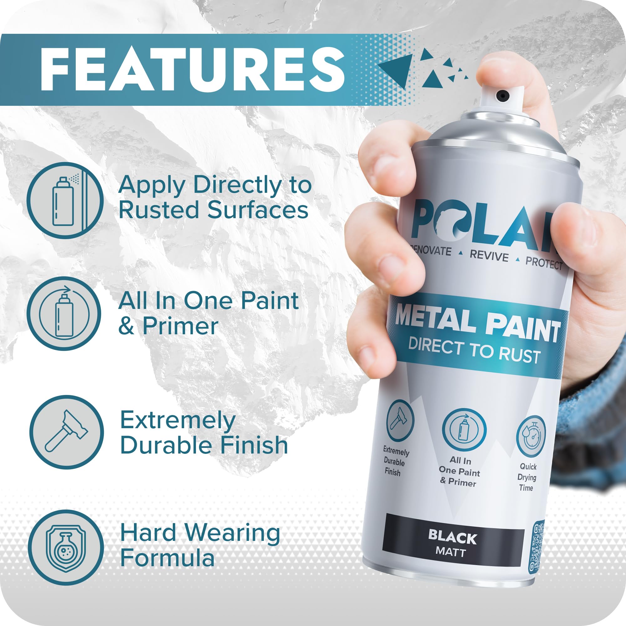 Polar Matte Black Direct To Rust Spray Paint - 6 X 13.5Fl Oz - Protect And Stop Rust & Corrosion - Primer, Undercoat, Topcoat -