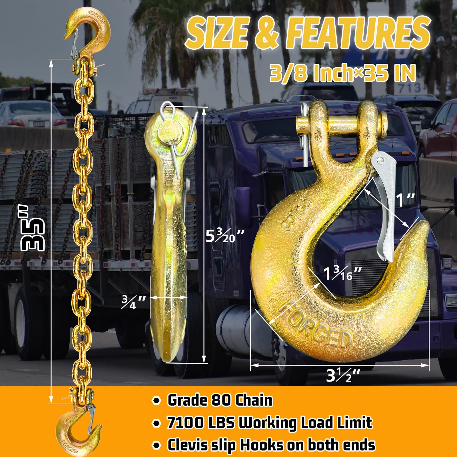 3/8'' Trailer Safety Chains G80 Trailer Chains With G70 Clevis Safety Hooks 35'' | 7100 Lbs Safety Working Load 27000 Lbs Break