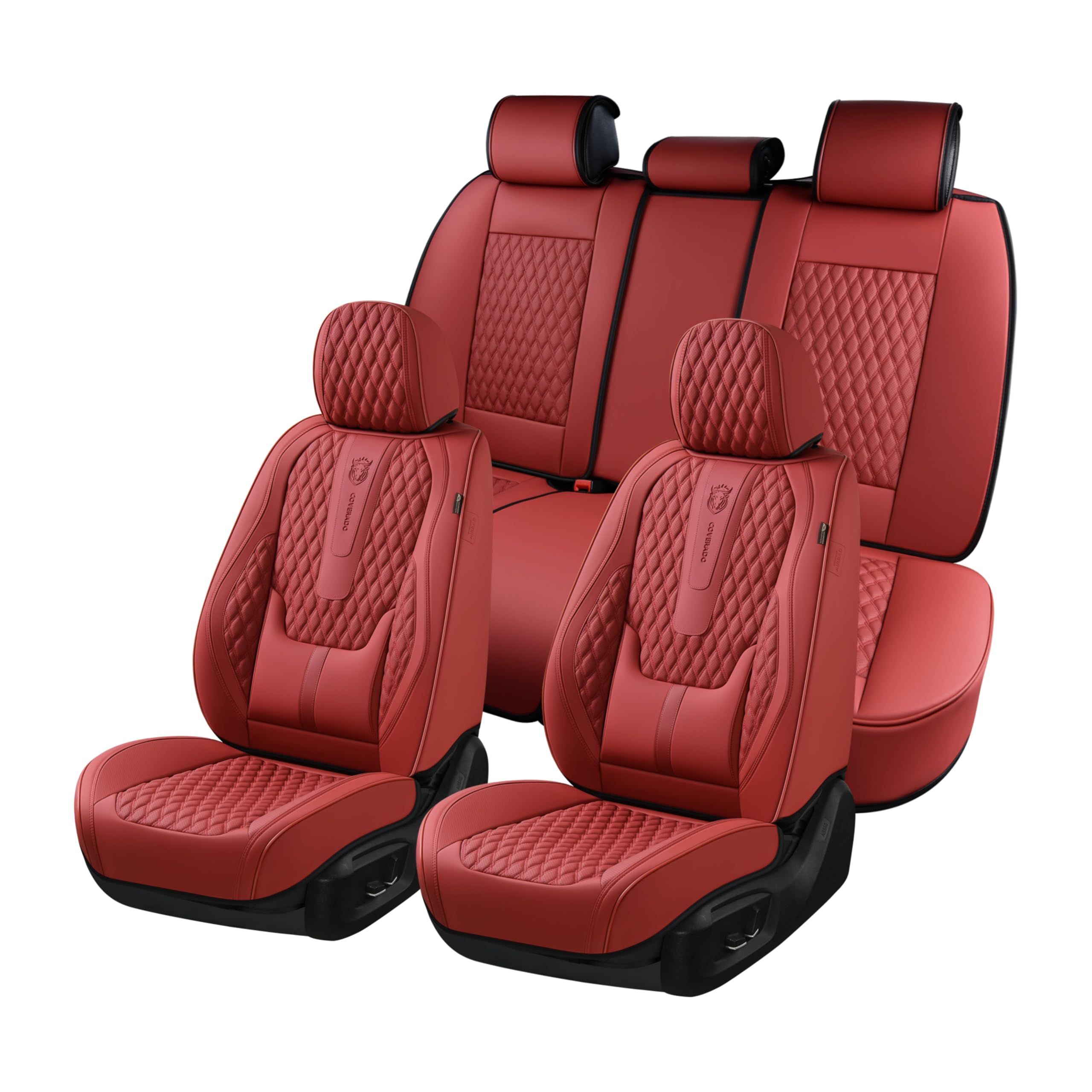 Coverado Car Seat Covers Full Set, Red Seat Covers For Car With Lumbar Support, Nappa Leather Seat Covers Waterproof Car Seat Pr