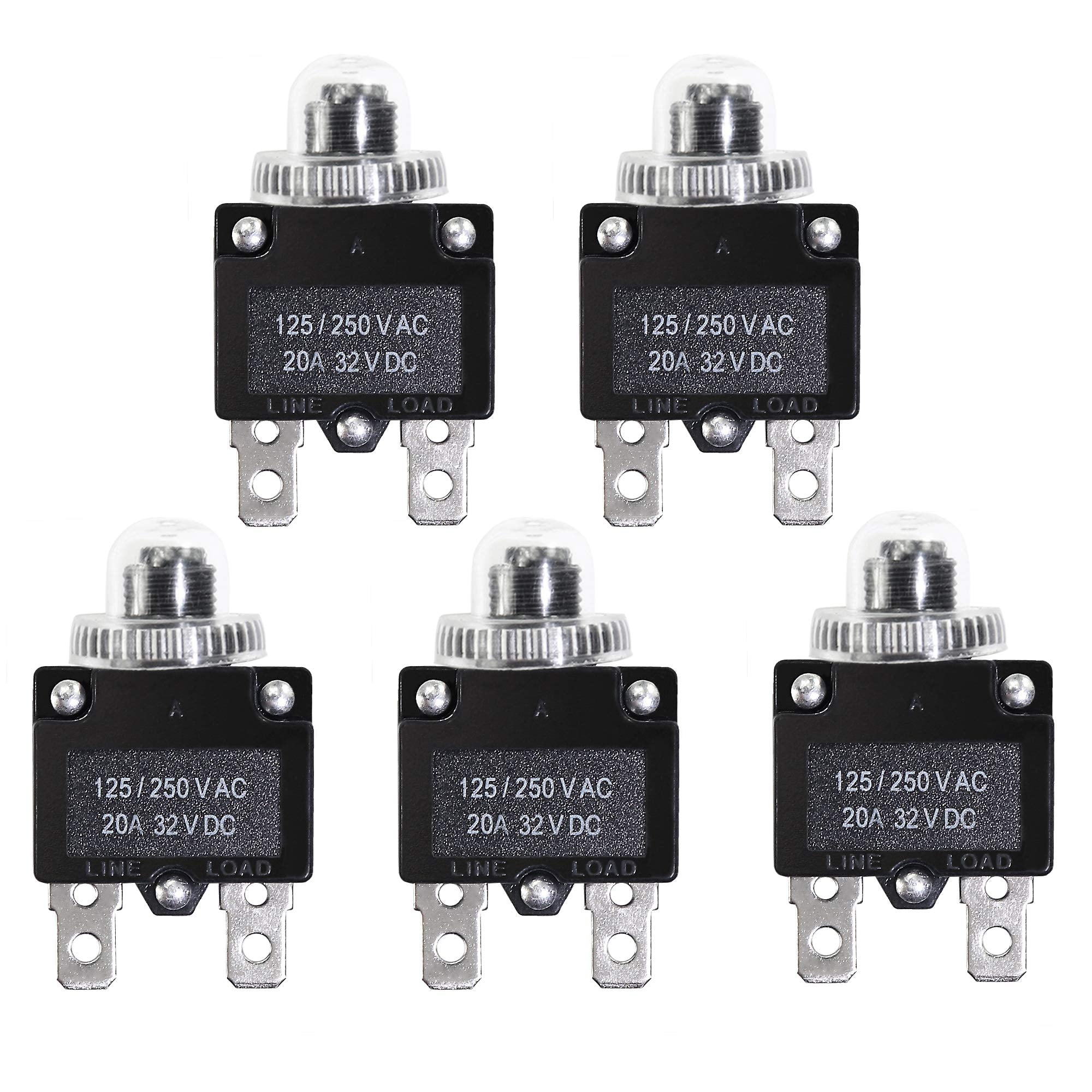 Fuzbaxy 5Pcs 20Amp Circuit Breakers With Push Button Reset With Quick Connect Terminals And Waterproof Button Cap