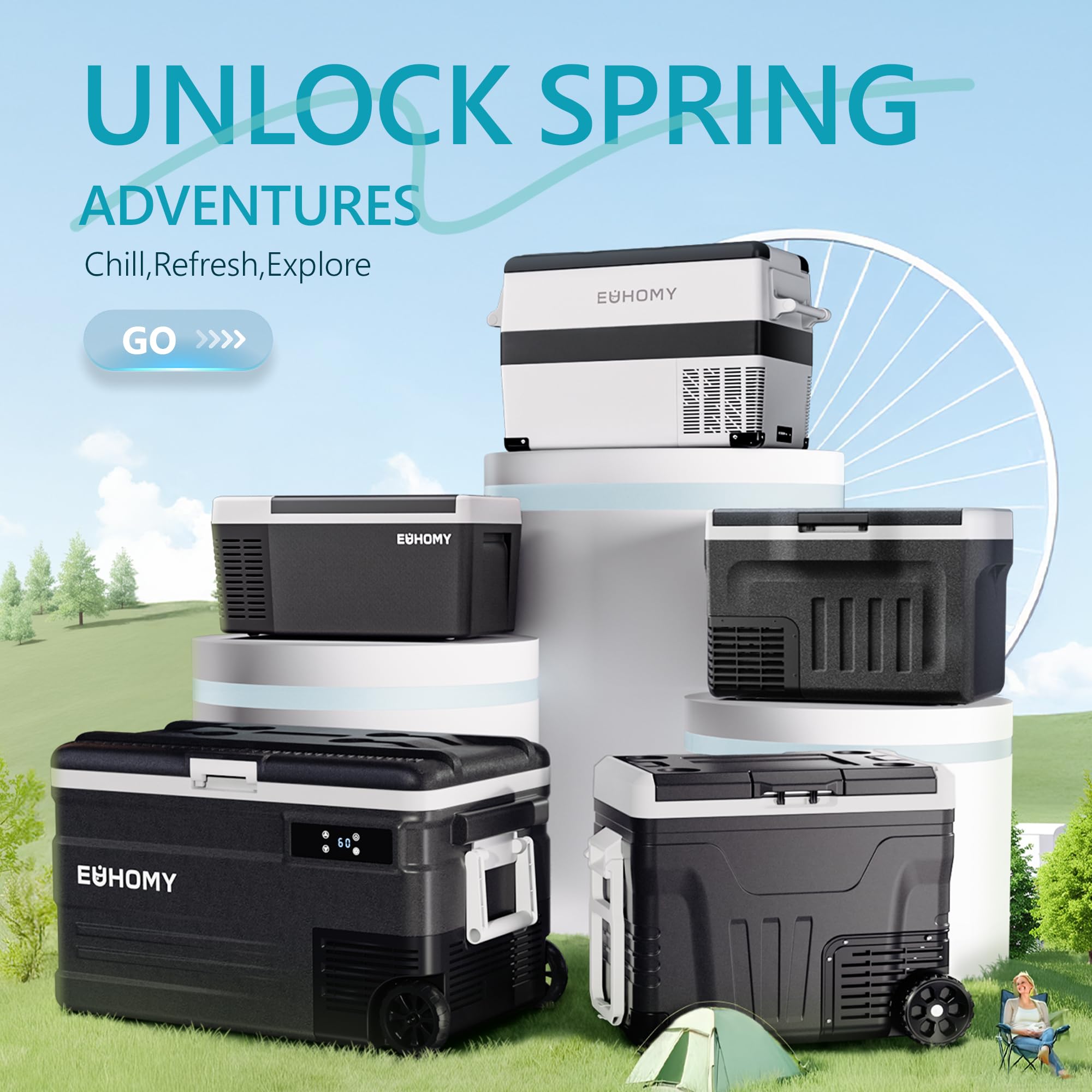 Euhomy 12 Volt Refrigerator, 53Qt(50L) Electric Cooler, Portable Freezer 12V/24V Dc 110-240V Ac, 12V Fridge -4?~68?, 12V Cooler