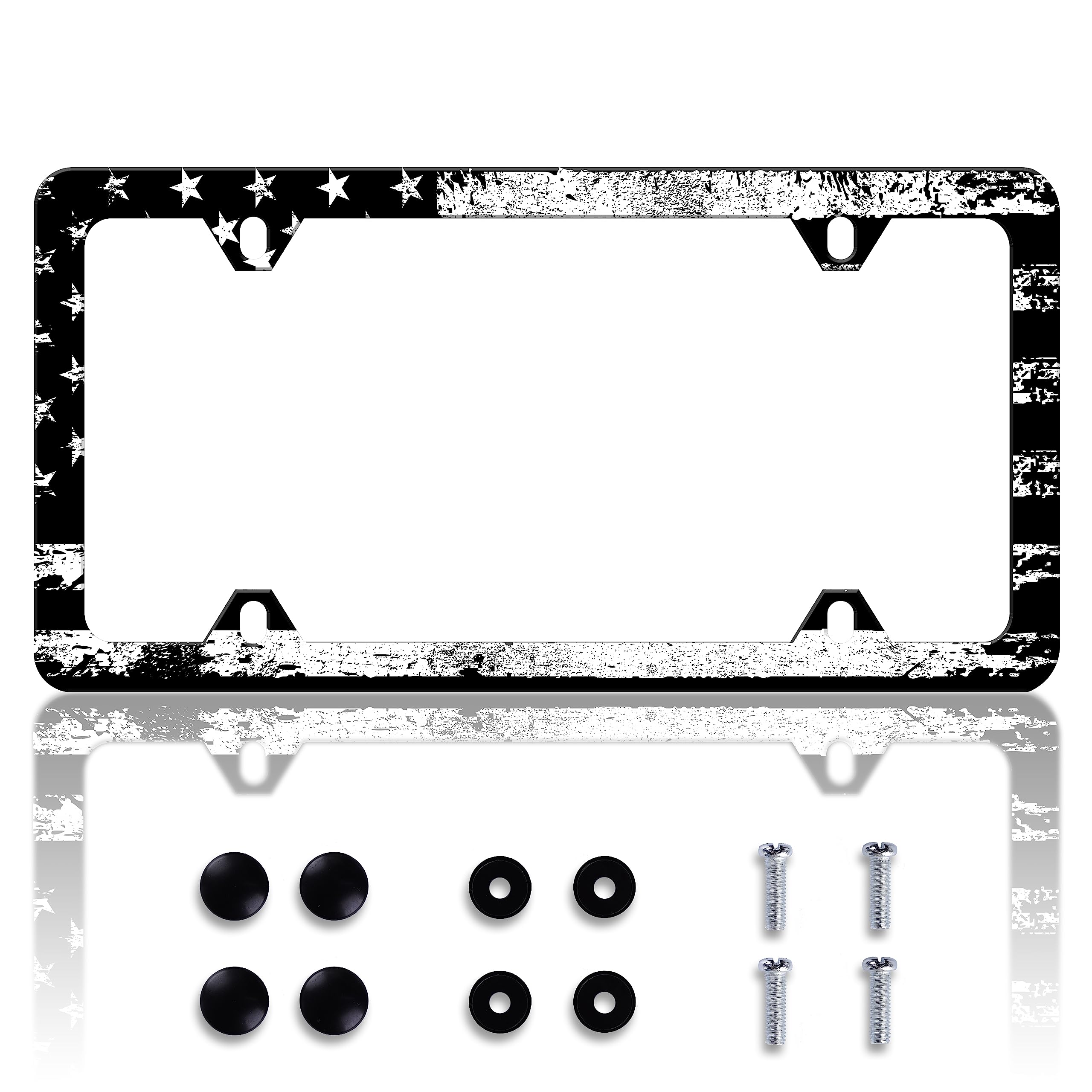 Vintage Black White American Flag License Plate Frame Patriotic Personalise Stainless Steel Funny Design Compatible With Standar
