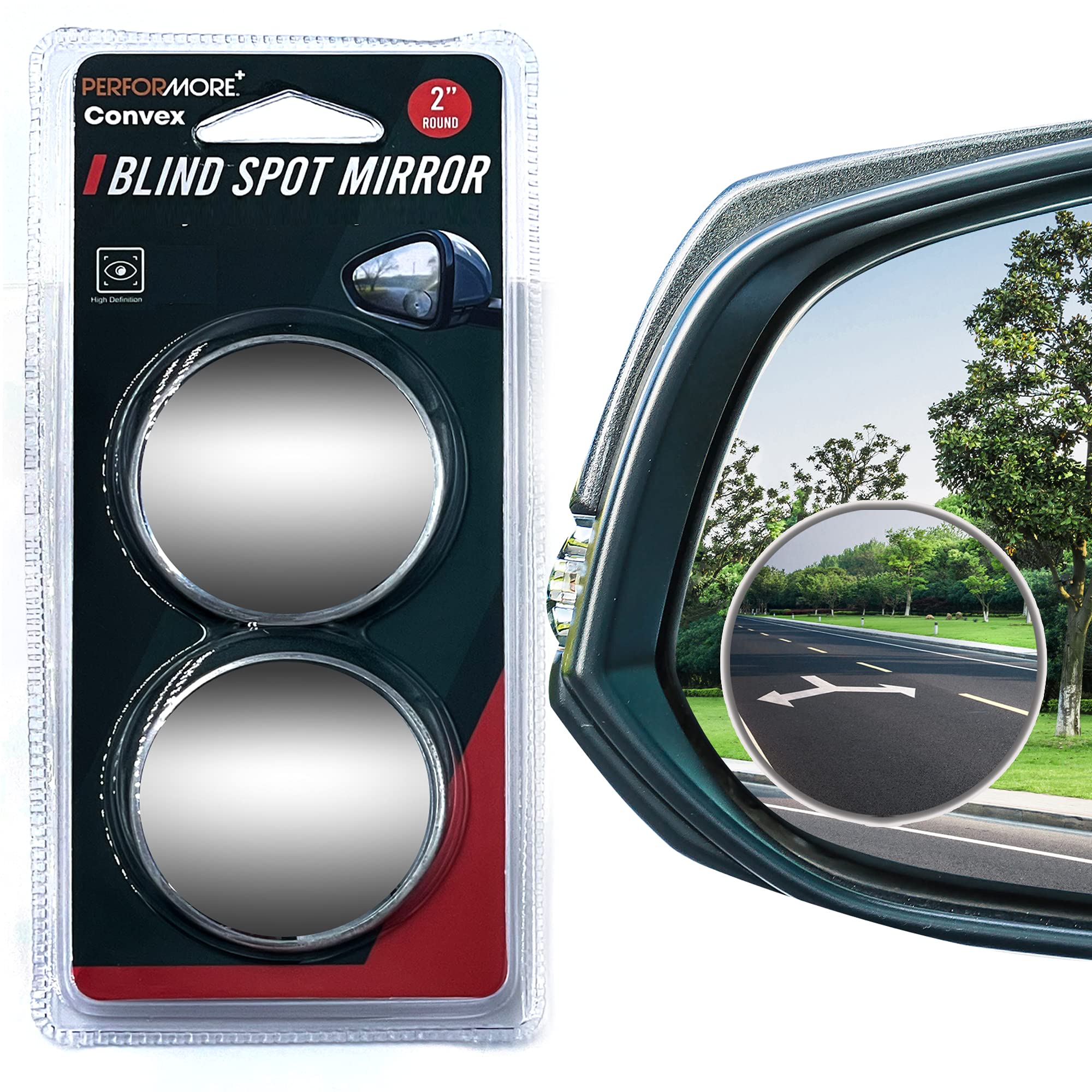 Performore 2 Pack Of Blind Spot Car Mirrors, 2 Inch Round Hd Glass Convex Rear View Wide Angle Side Mirror Blindspot With Self Adhesive Back For Universal Vehicles