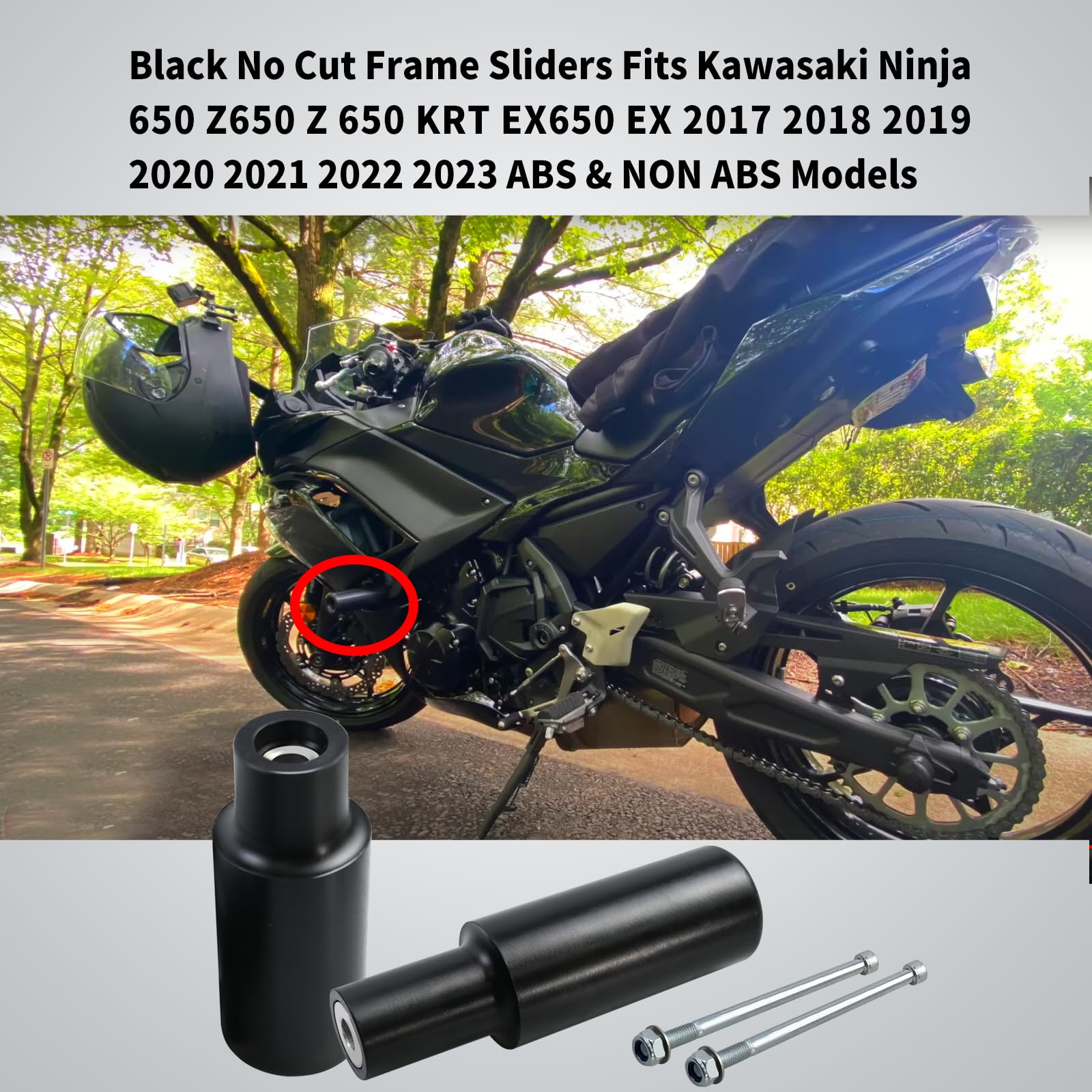 Black No Cut Frame Sliders Fits Kawasaki Ninja 650 Z650 Z 650 KRT EX650 EX 2017 2018 2019 2020 2021 2022 2023 Fits ABS & NON ABS