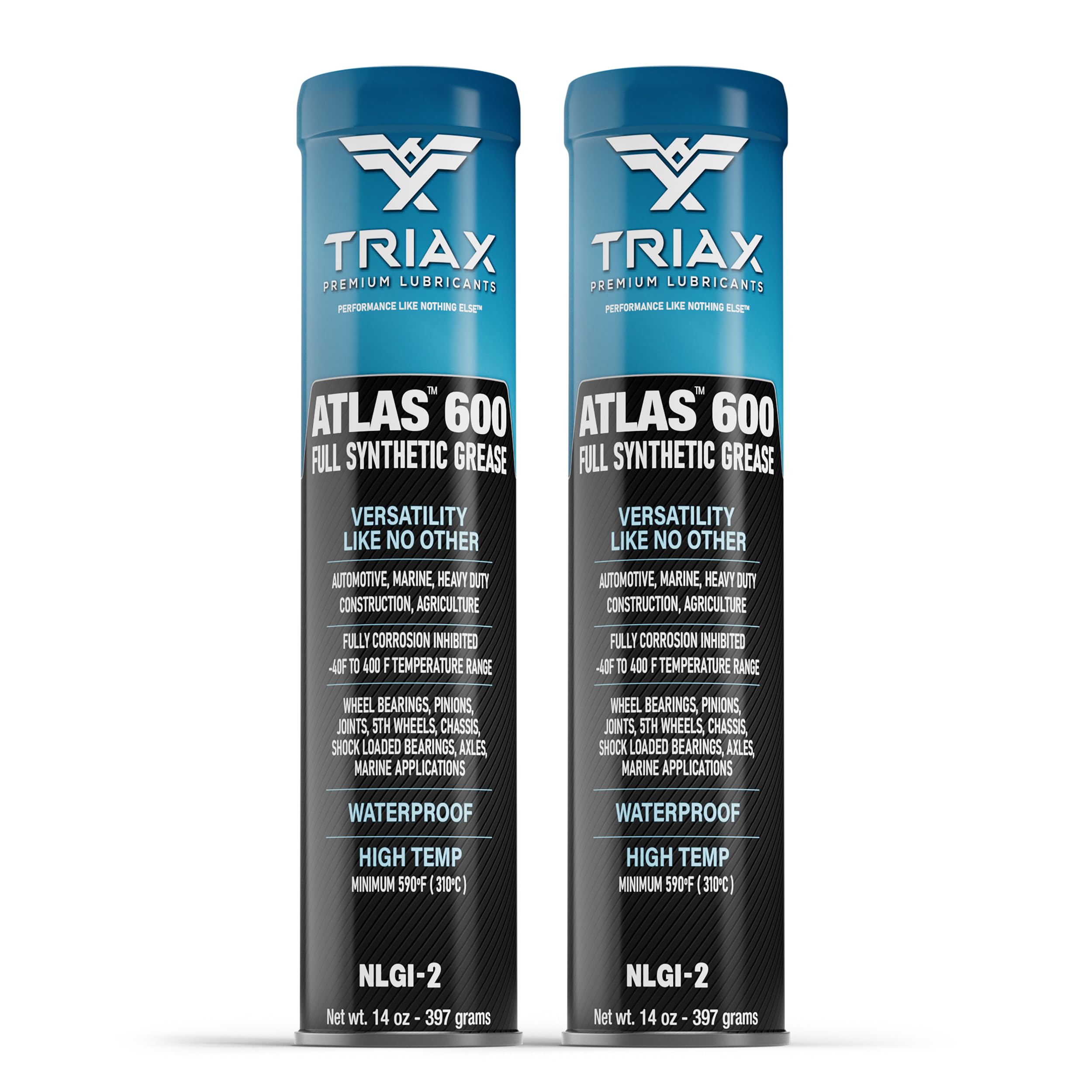 Triax Atlas 600 Grease - Full Synthetic, Ultra-Heavy Duty, Low Temp, Marine, Waterproof; All Bearings, Joints, Drive Train & 5Th Wheel (2 Pack - 14 Oz Tubes)
