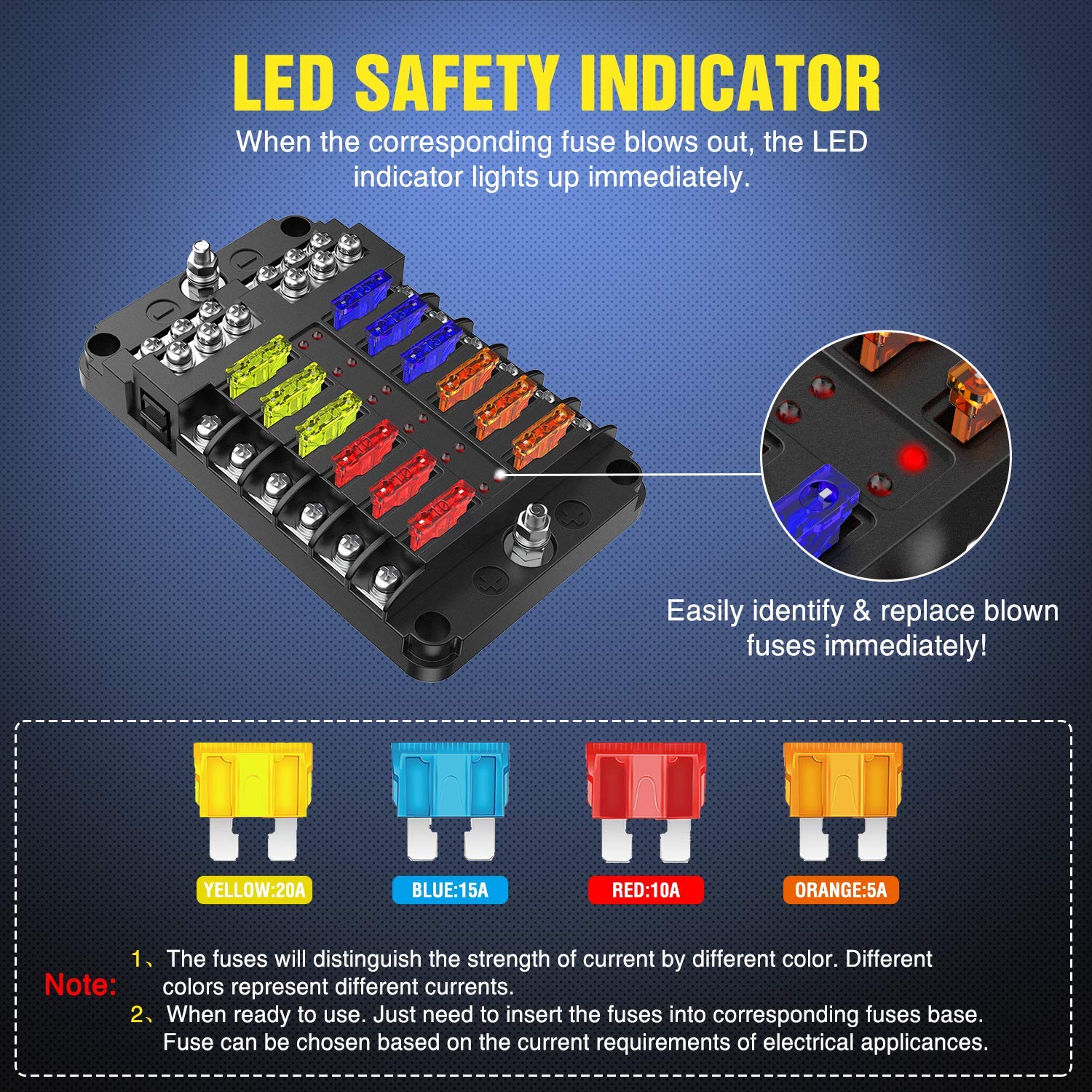 Nilight - 50056L 12 Way Blade Fuse Block 12 Circuits With Negative Bus Fuse Box Holder With Led Indicator Ato/Atc Fuse Panel Waterproof Cover For 12V Automotive Cars, Marine Boats, Rvs, Trailers