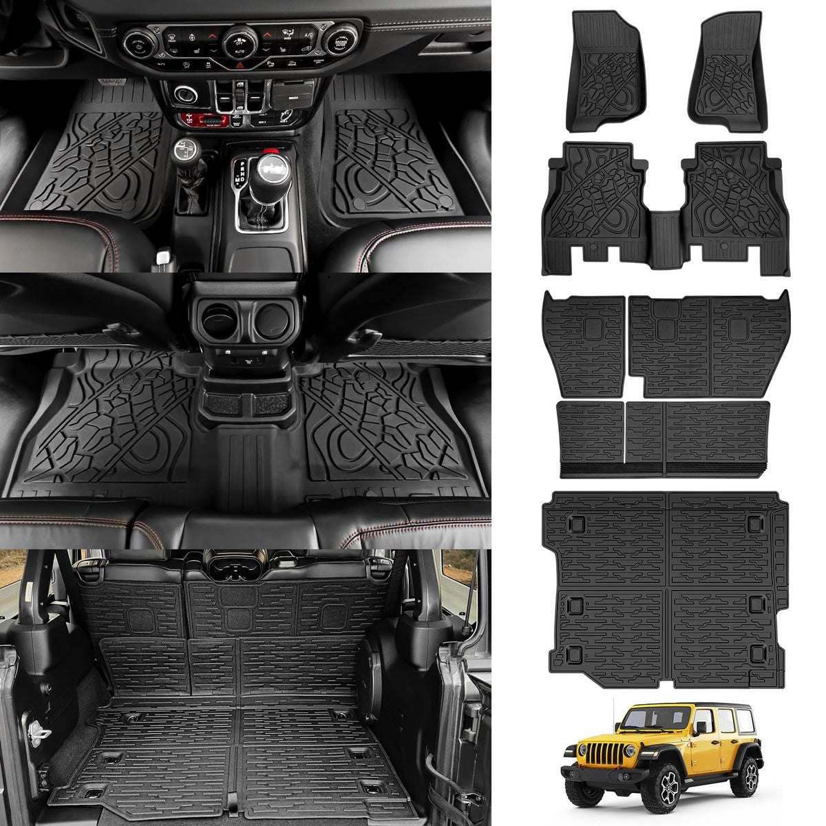 JTYZSM Cargo Mats for 2018-2025 Jeep Wrangler JL 4X4 Floor Liners with Trunk Mat Backrest Mat All Weather TPE Protector Rear Flo