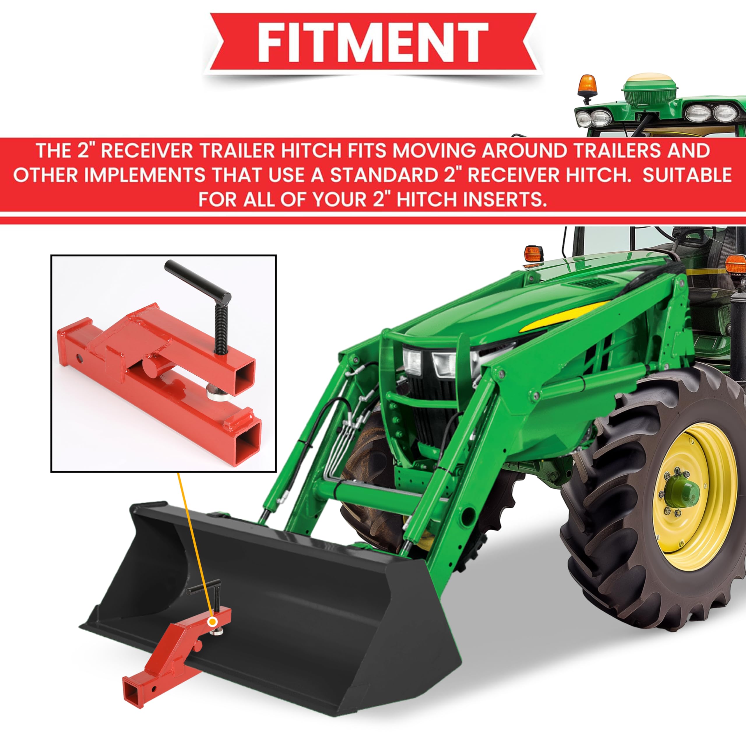 Hecasa Clamp On Trailer Hitch 2'' Ball Tractor Mount Receiver Hitch Mount Adapter Compatible With Deere Bobcat Tractor Bucket