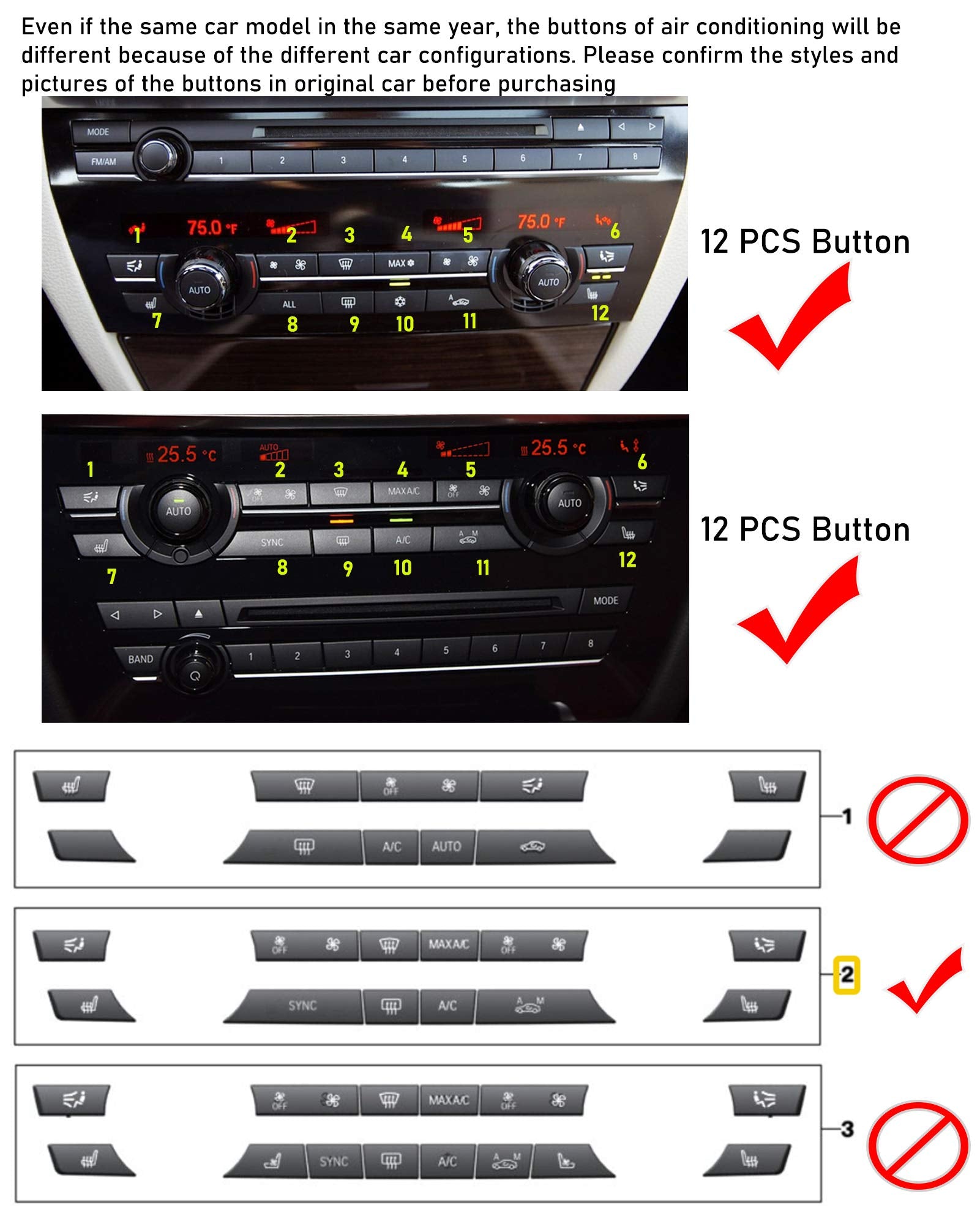 Jaronx Compatible With Bmw Climate Control Button Fan Speed Button Replacement, Ac Button For 5' F07/F10,6' F06/F12/F13,7' F01/F02/F04,X5 F15/M F85,X6 F16/M F86 (Only For Ac Panel With 12 Buttons)
