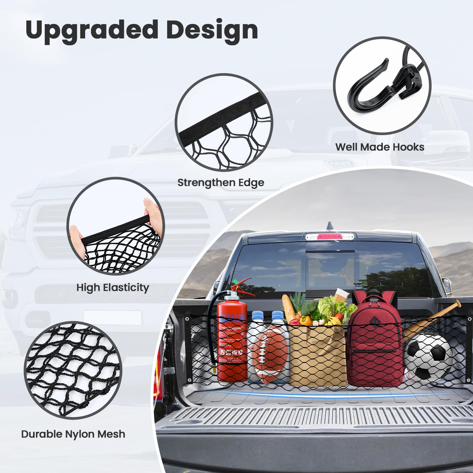 Canvcle Truck Bed Cargo Net for 2019-2025 Dodge Ram 1500 Accessories Envelope Style Mesh Trunk Net Organizer and Storage Stretch