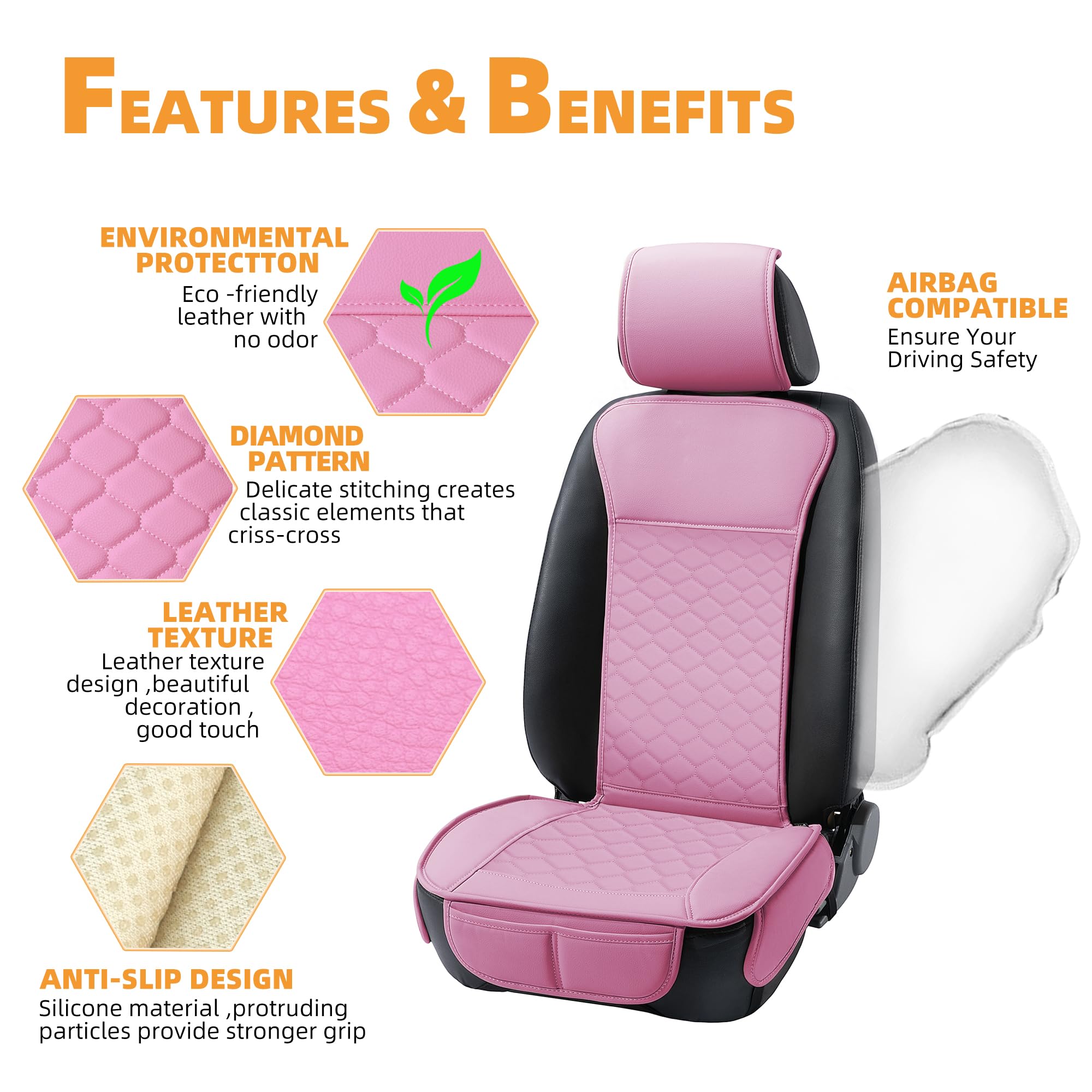 Elantrip 2 Pcs Front Car Seat Covers Pink Leather Auto For Women Airbag Compatible Diamond Pattern Pu Seat Cover Universal Fitne
