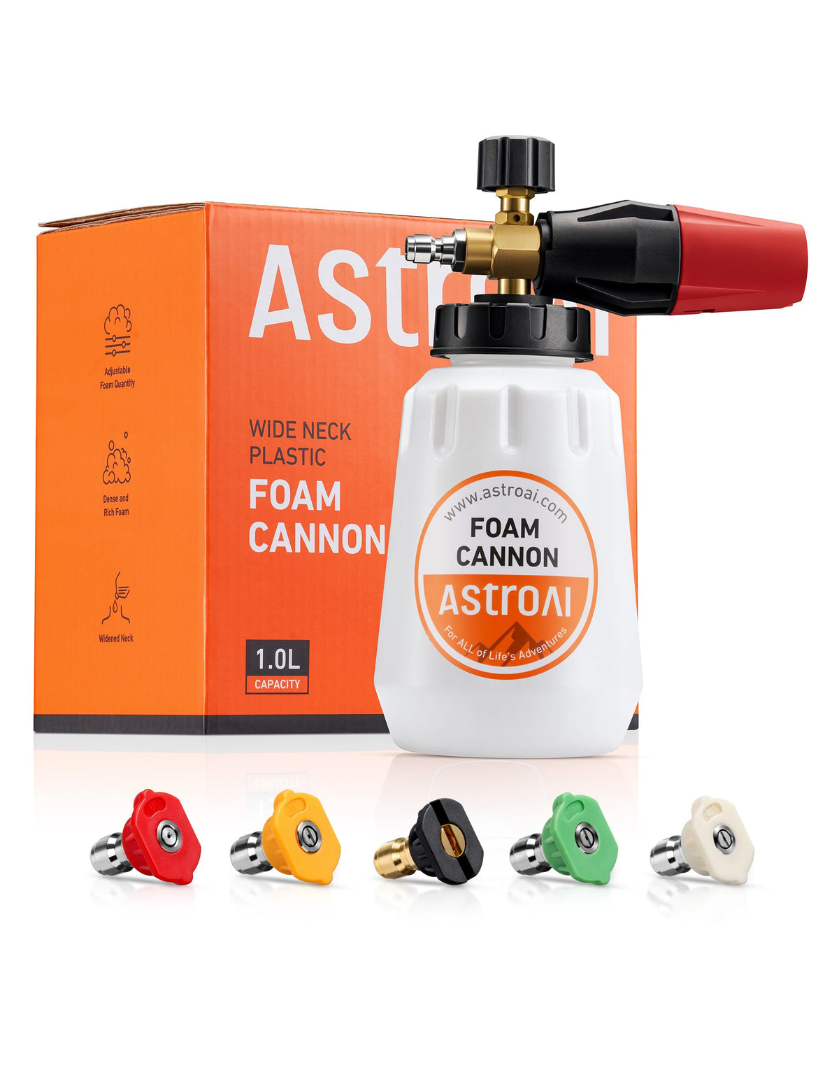Astroai Foam Cannon, Heavy Duty Car Foam Blaster Wide Neck Adjustable Snow Foam Lance And Thick Foam For Pressure Washer With 1/4 Quick Connector,1L Bottle & 5 Nozzles