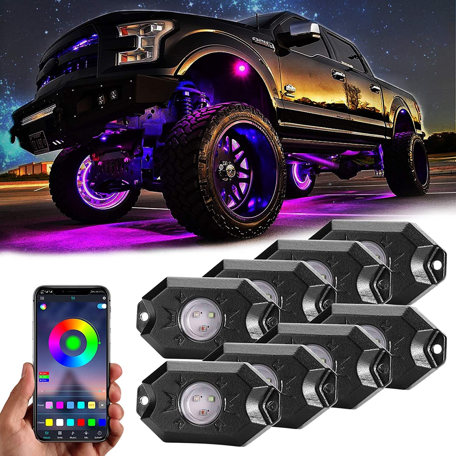 Ychow-Tech Rgb Led Rock Lights, 8 Pods Underglow Multicolor Neon Light Pod With Bluetooth App Control Timing Function, Music Mode Wheel Well Light For Truck Atv Utv Rzr Suv