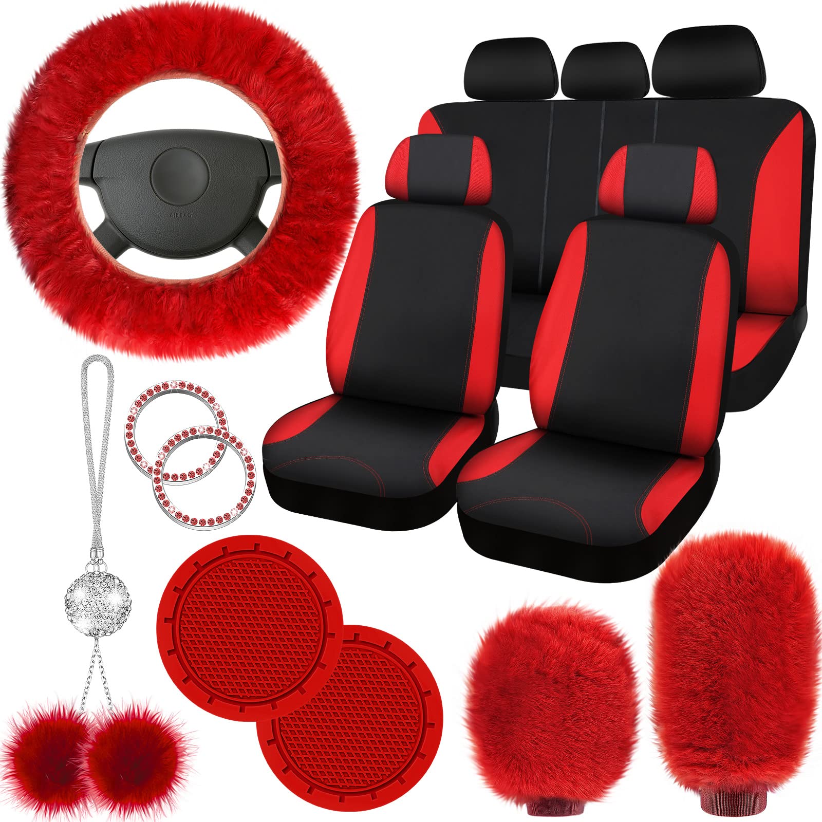 Tallew 17 Pcs Car Seat Cover Full Set For Car Front Rear Fluffy Steering Wheel Cover Soft Fleece Handbrake Shift Hanging Accesso