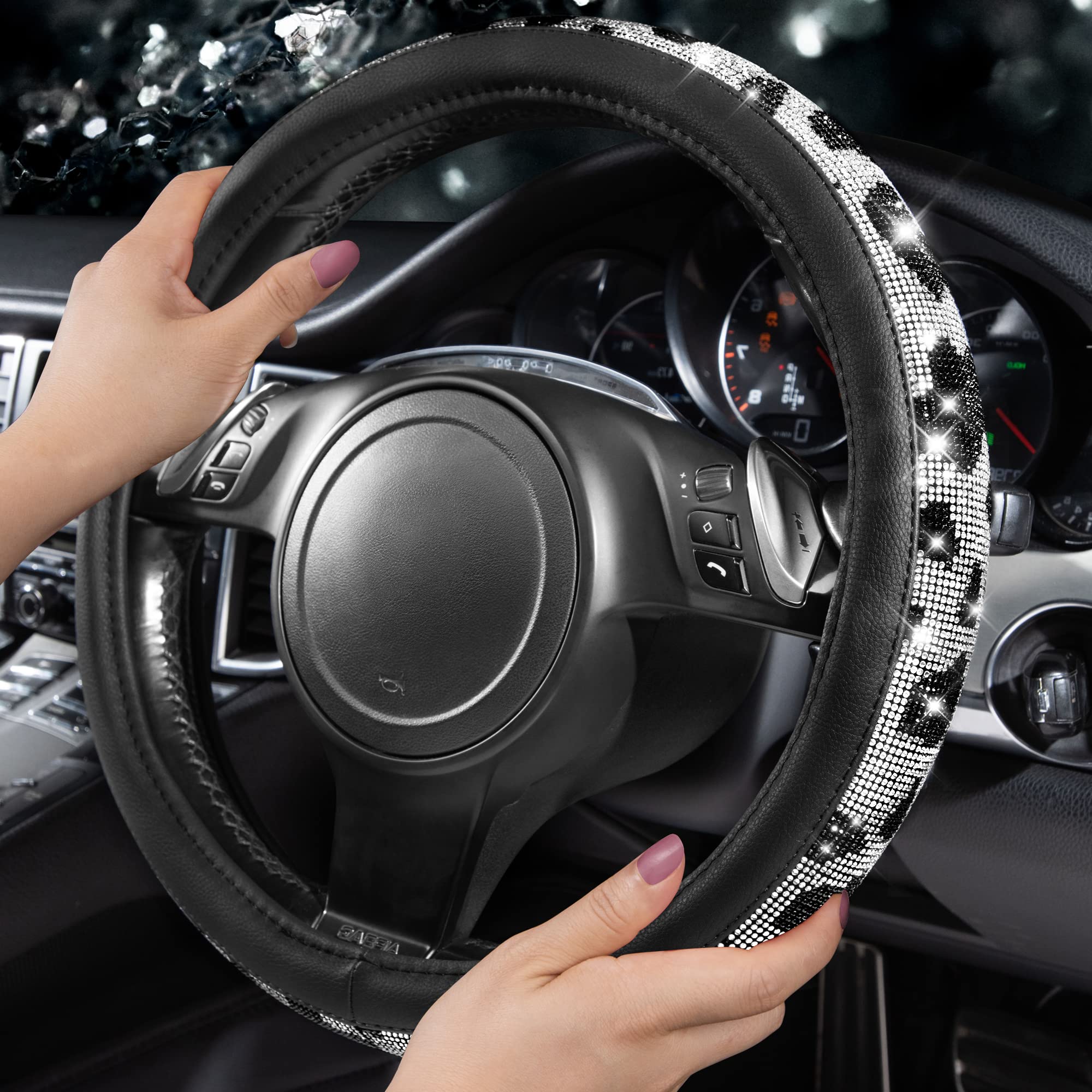 Car Pass Bling Cow Print Diamond Steering Wheel Cover, With Sparkly Crystal Glitter Rhinestones Black Leather Car Wheel Protect