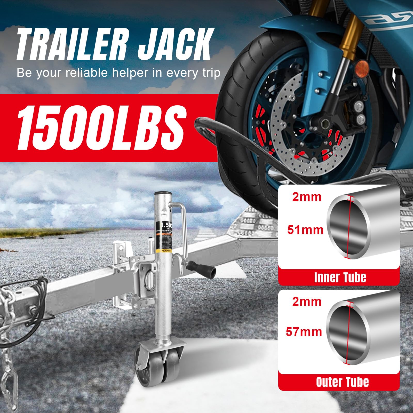 Torin 1500 Lbs Trailer Jack With Wheel, Heavy Duty Swivel Boat Trailer Jack, 13'' Lift, Bolt-On Trailer Tongue Jack For Rv Boat